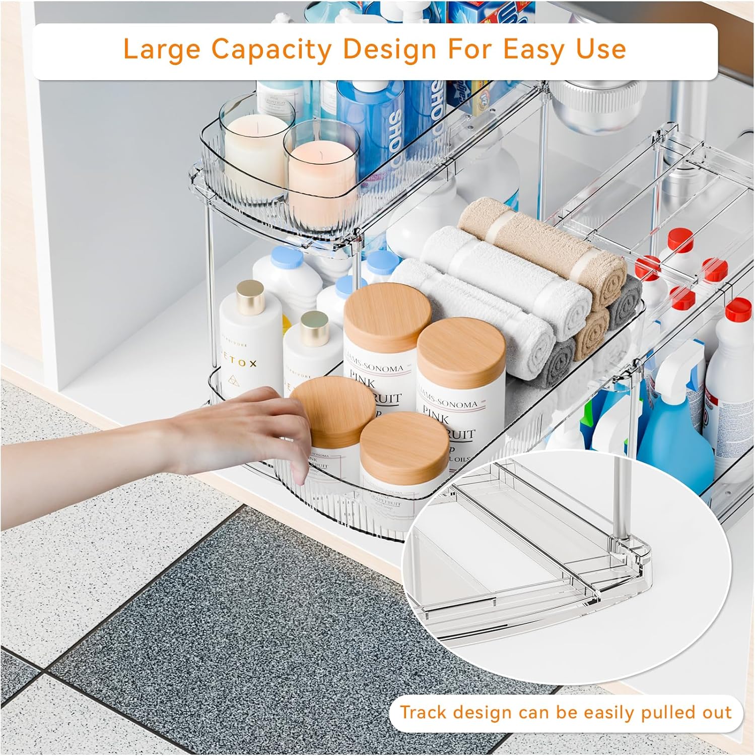 Yieach 2 Pack 13.8″ Deep 2 Tier Under Sink Storage Organizer,Large Pull Out Bathroom Organizers and Storage,Slide Out Acrylic Undersink Storage Shelf,Kitchen Under Sink Organizer for Cleaning Products