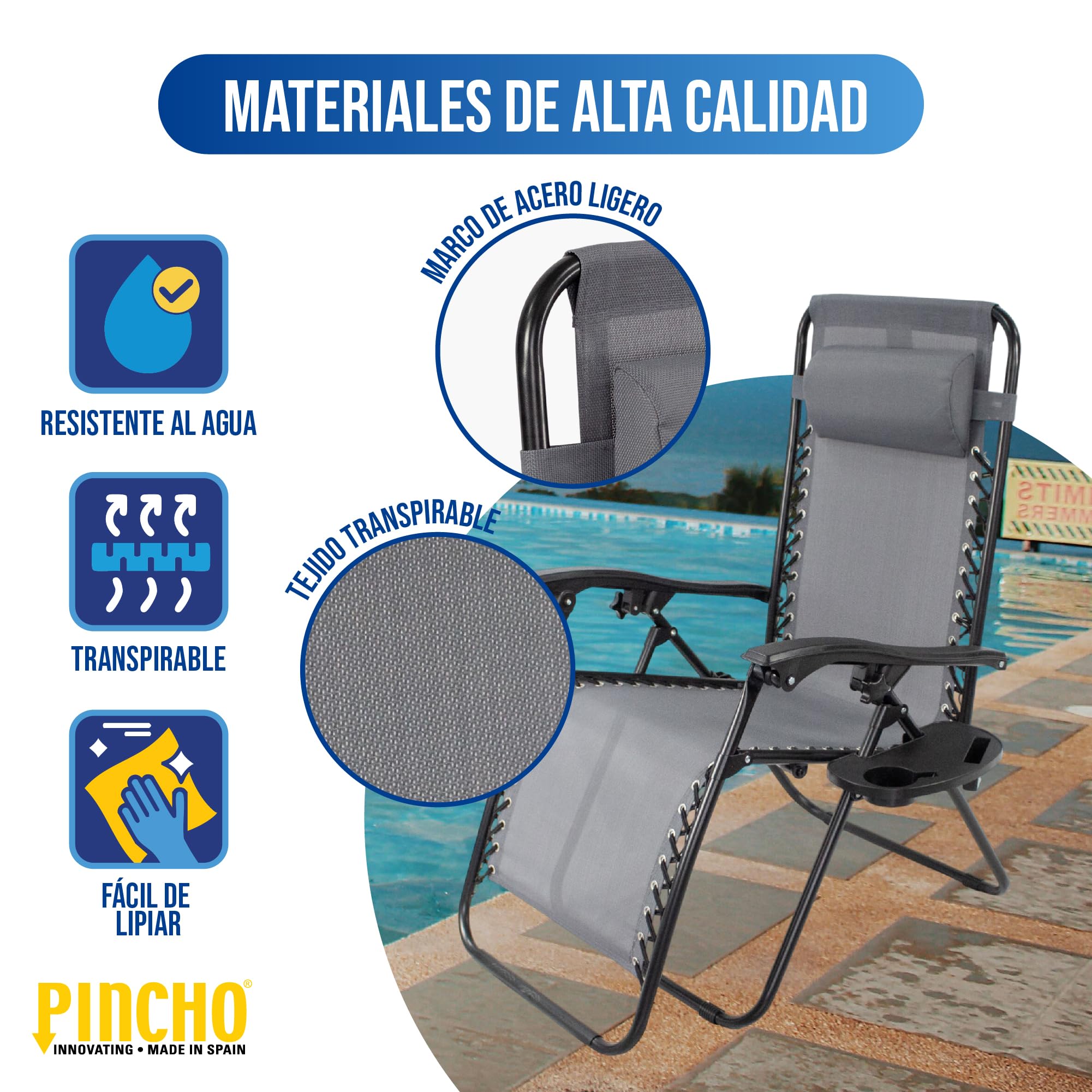 Pincho Tumbona Jardin Exterior Plegable de Gravedad Cero - Pack 2 Sillas Reclinables o Hamacas para Playa, Terraza y Camping con Portavasos, Ligeras y Cómodas (Gris)