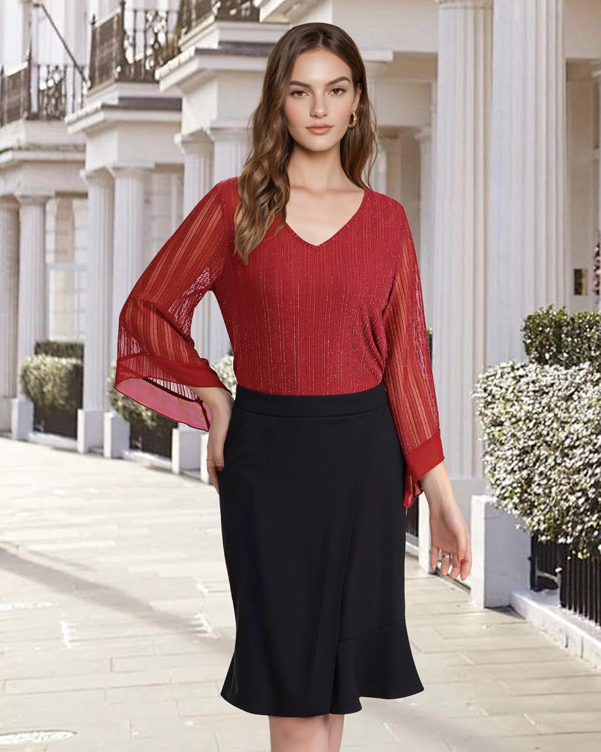 Lotusmile Womens Dressy Blouse Double Layers Mesh Shirt Ruffle 3/4 Flared Sleeve Tunic Tops - Image 5