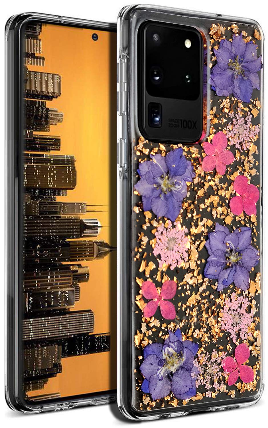 Aokebr Real Flowers Case for Samsung Galaxy S20 Ultra Pressed Dry Petals Glitter Bling Glitter Sparkle Thin TPU Soft Clear Flexible Rubber for Girl Women S20Ultra (Purple)