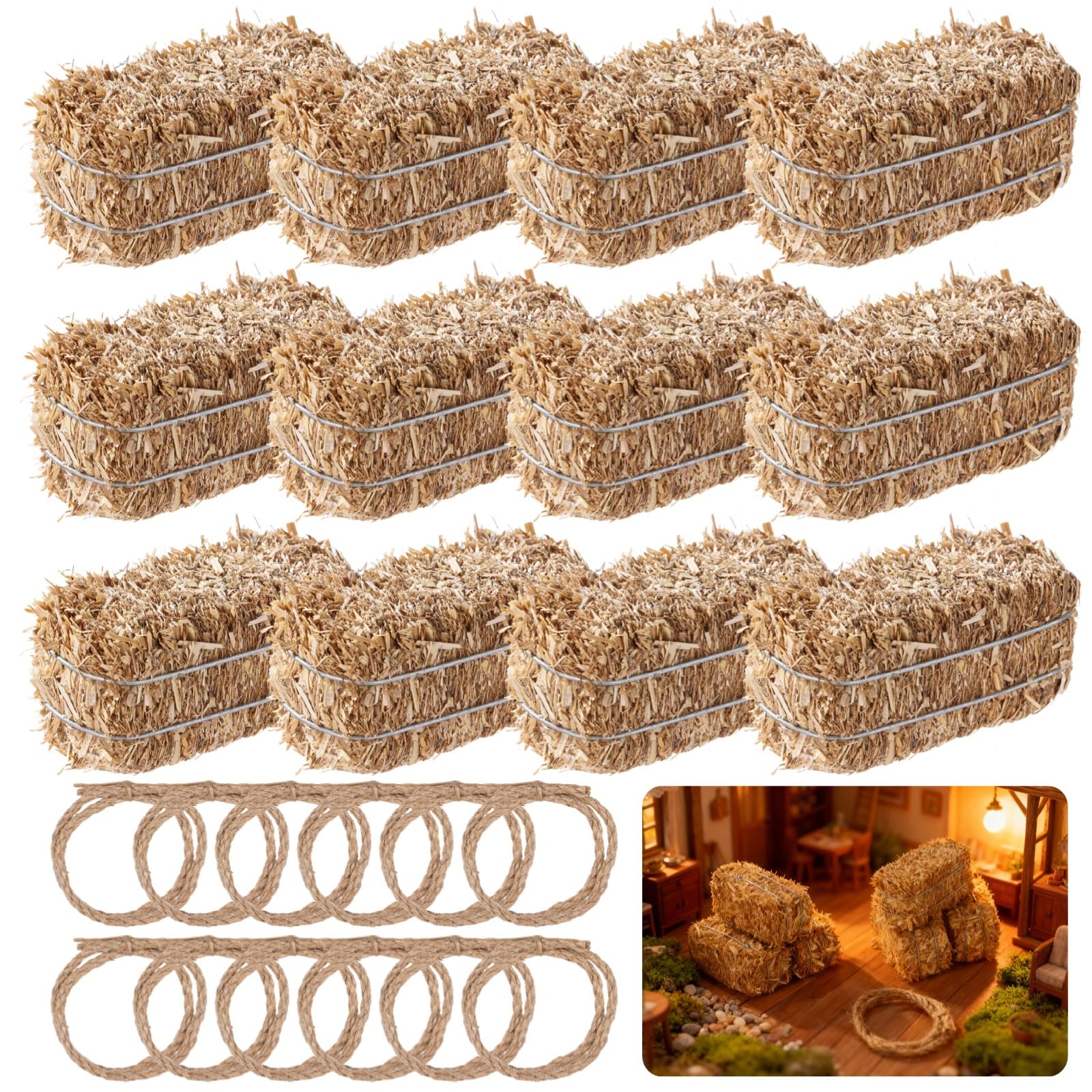 24 szt. dekoracji imprezowych o tematyce zachodniej, zawiera 12 szt. mini beli słomkowych i 12 szt. lin jutowych, realistyczne akcesoria do domku dla lalek, 6,9 cm kowbojski stół centralny do
