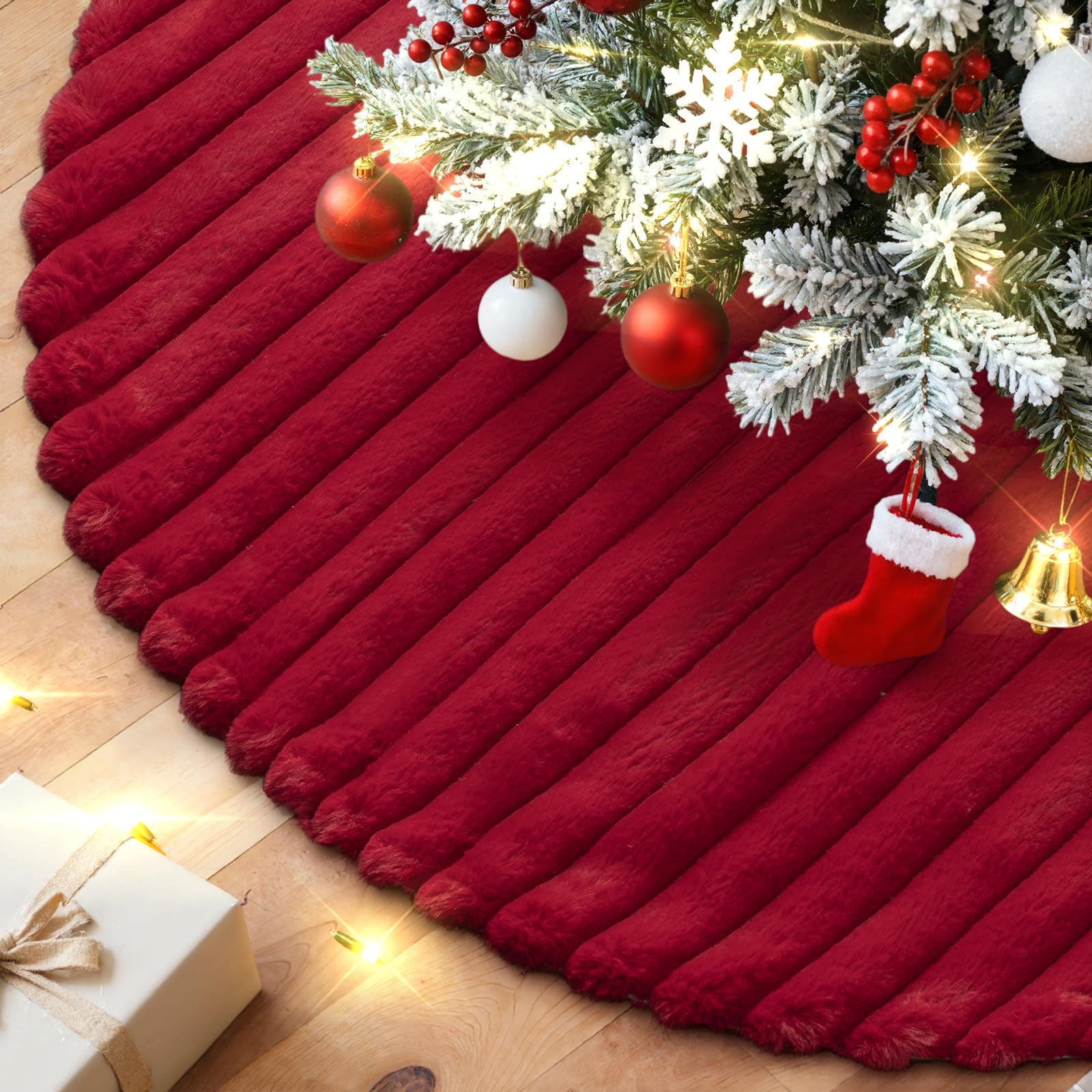 Lanpn Tappeto Sotto Albero di Natale Copribase Albero 120cm, Grande Lusso albero di Natale Copertura Base Piede Gonna per la Decorazioni per interni per feste invernali in casa (Rosso)