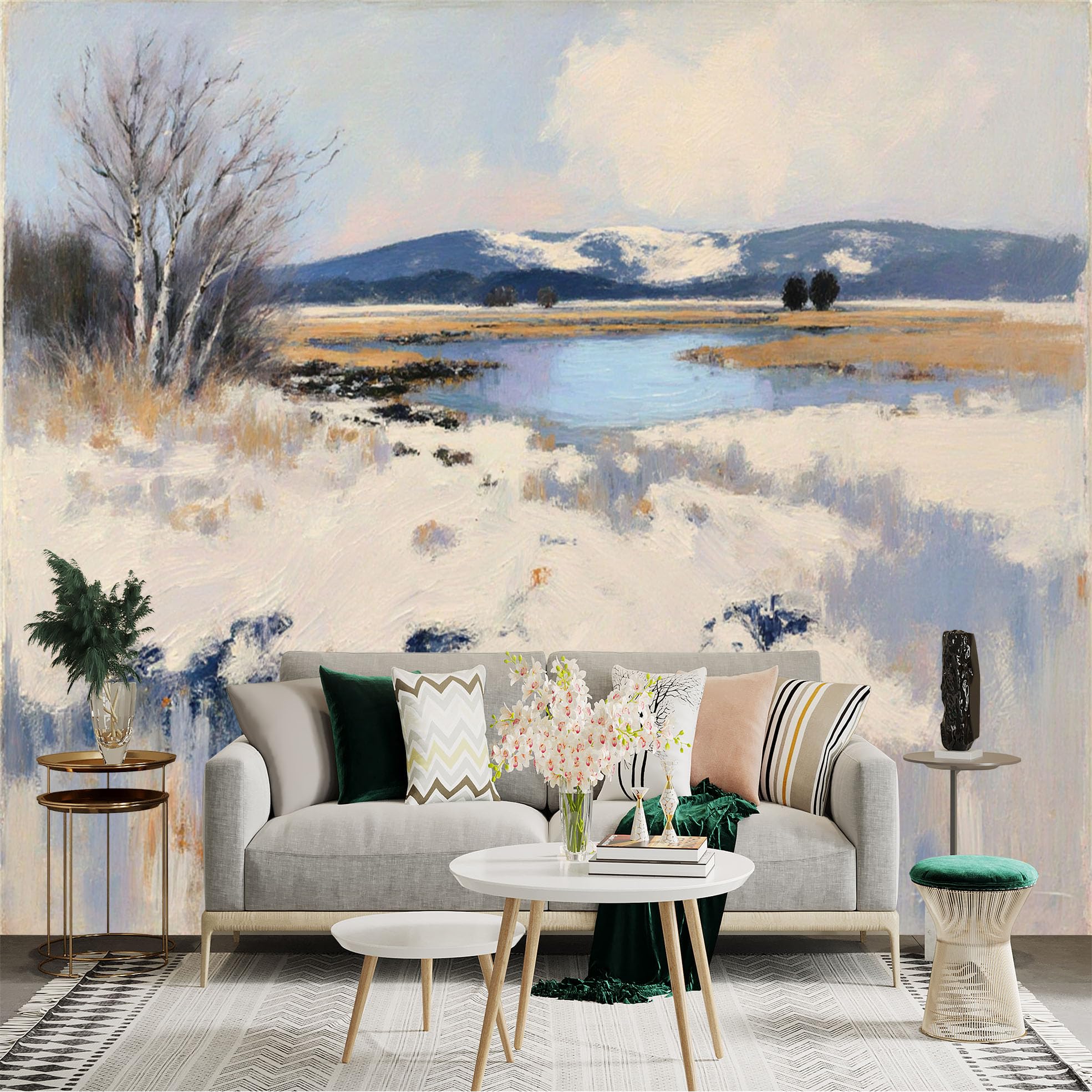 Lnzczhyre Xc260505793 Custom Size Wall Sticker Mural， Snowy Winter Landscape， Frozen Lake， Bare Trees And Distant Mountains， For Wall Decoration， Peelandstick Wall Decals.