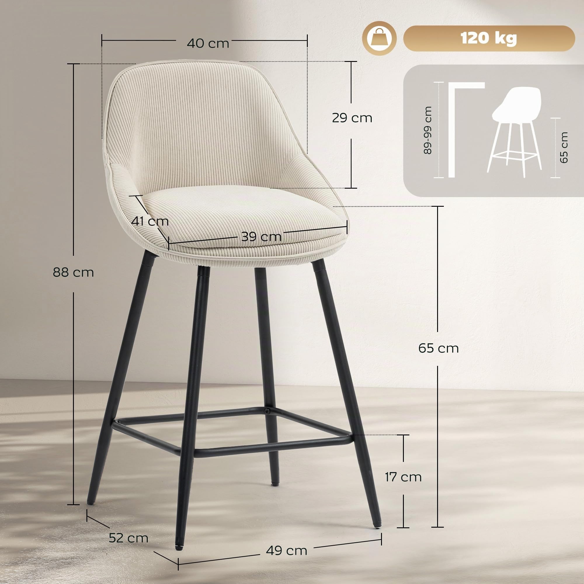 HOMCOM Barhocker 2er Set Drehbar mit Fußstütze Sitzhöhe 65 cm, Creme