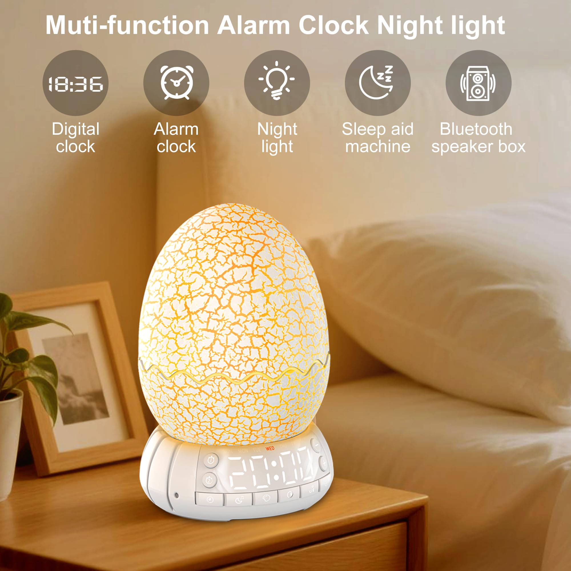 Niedlicher Dinosaurier-Ei-Wecker/Digitaluhr/Nachtlicht/Musik & weißes Rauschhilfe-Schlafmaschine/Bluetooth-Lautsprecher, Dekoration, ideale & einzigartige Lampe für Schlafzimmer/Wohnzimmer, Geschenke