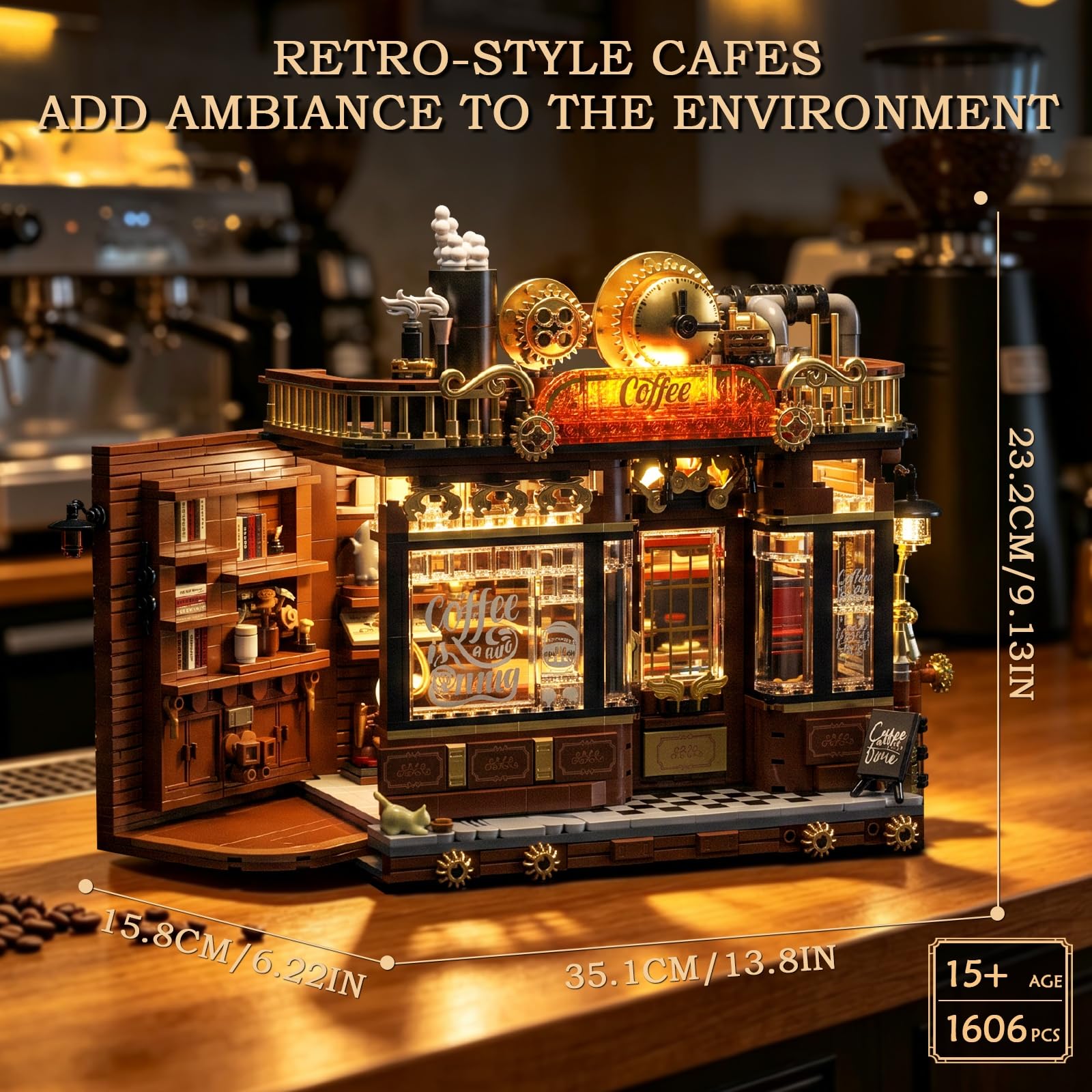 Vziimo Retro Café House Bausatz mit Beleuchtung, 1606 Teile, Deko fürs Wohnzimmer oder Büro, Versteckte Ecken im Café, Geschenk für Erwachsene ab 15 Jahren