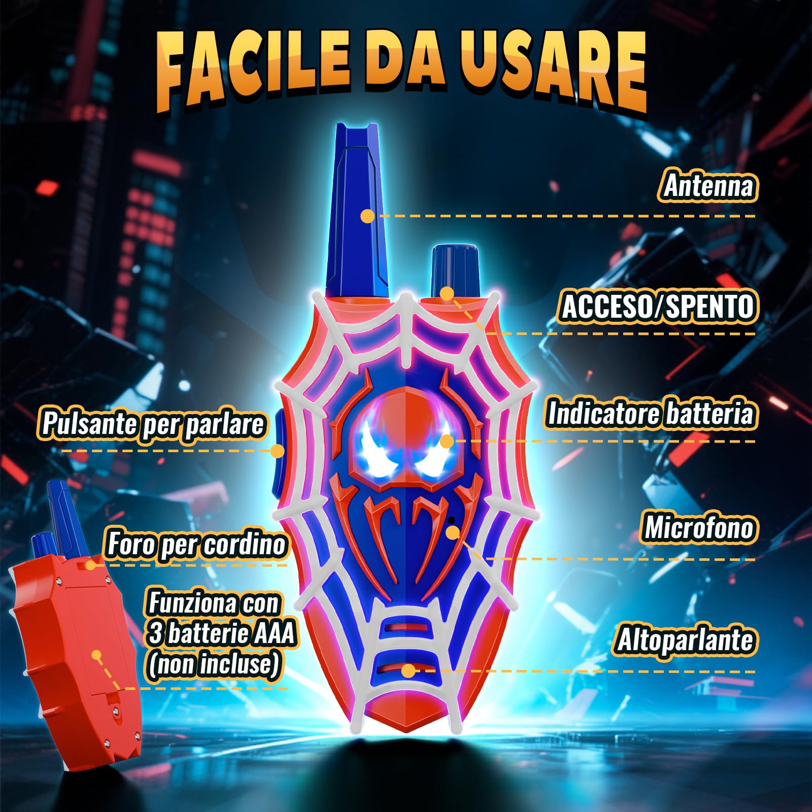 Mirthigig Walkie Talkie Bambini, Ragnatela con Luci Rosse/Blu e Occhi Lampeggianti, Giocattolo Gioco Bambino 3 4 5 6 7 8 10 11 Anni, Giocattoli Giochi Bambini 3-12 Anni, Regalo Bimbo 3-12 Anni Maschio