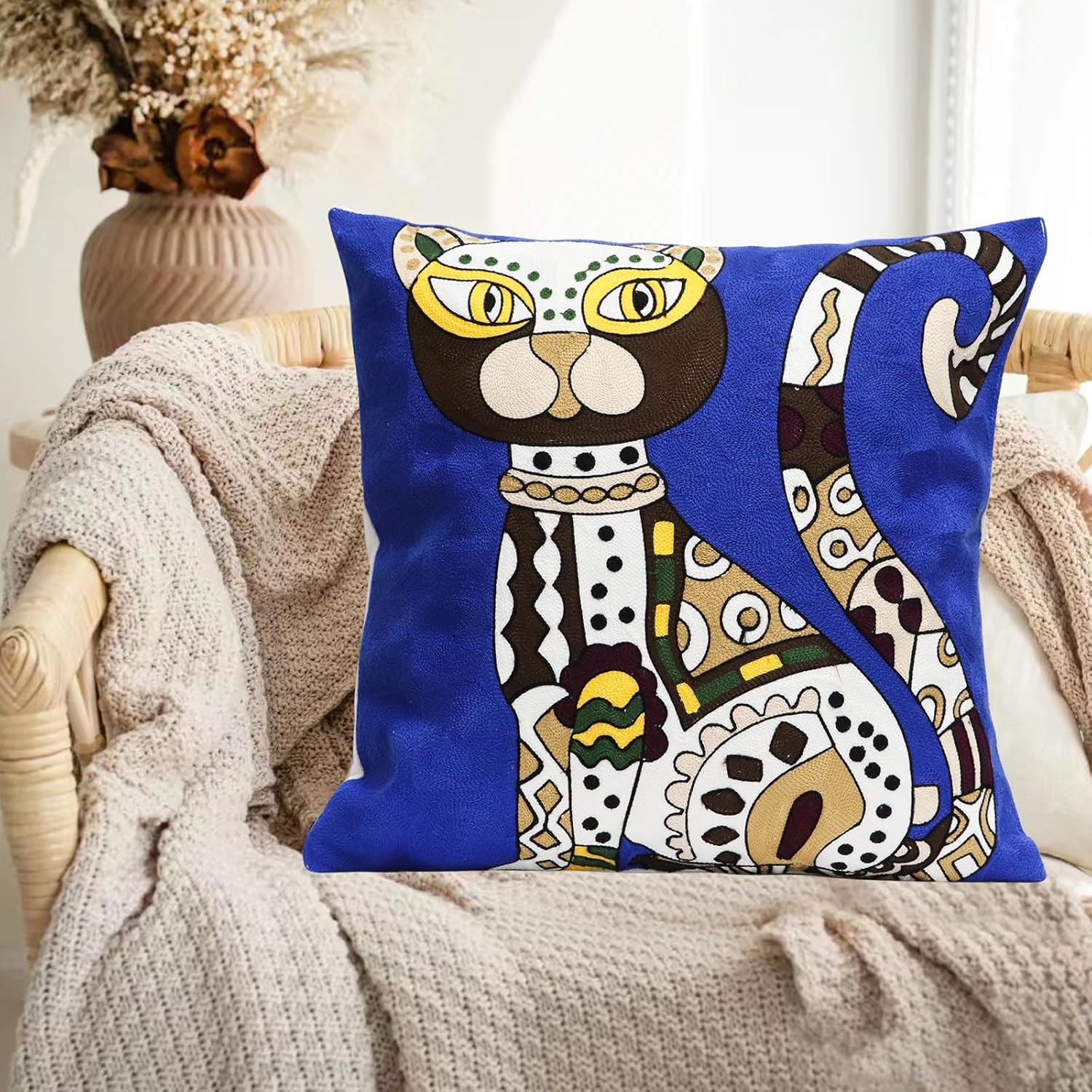 1 Pcs Embroidered Decorative Throw Pillows Covers for Sofa Decor Cushion Cases 18 x 18 Inch (Blue Cat)