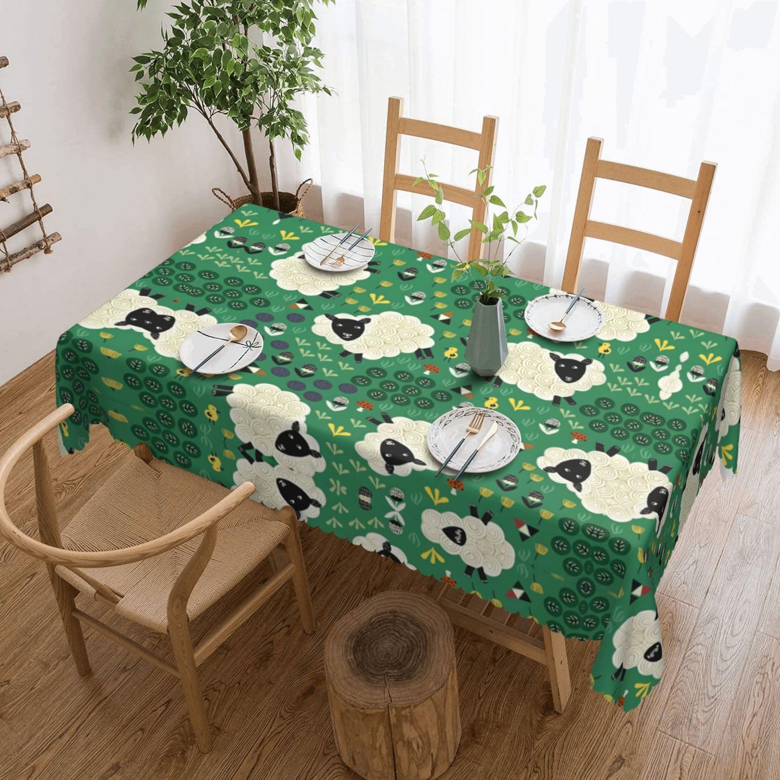 QAZWZML Cute Cartoon Sheep Printed tablecloth, made of thick polyester with lace trim, suitable for dining rooms, picnics, and weddings