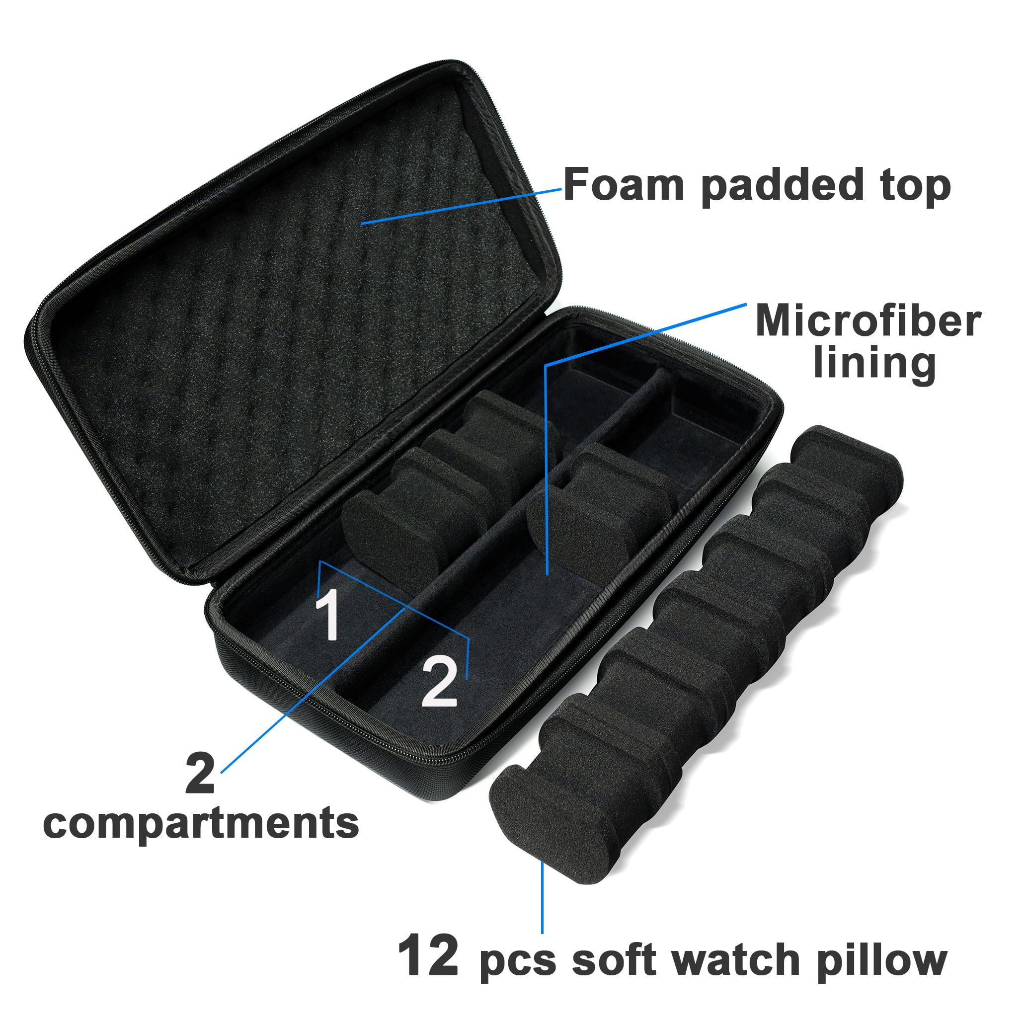 Boîte de rangement pour montres à 12 emplacements, boîte de voyage rigide pour montre, étui rembourré pour l'affichage et l'organisation