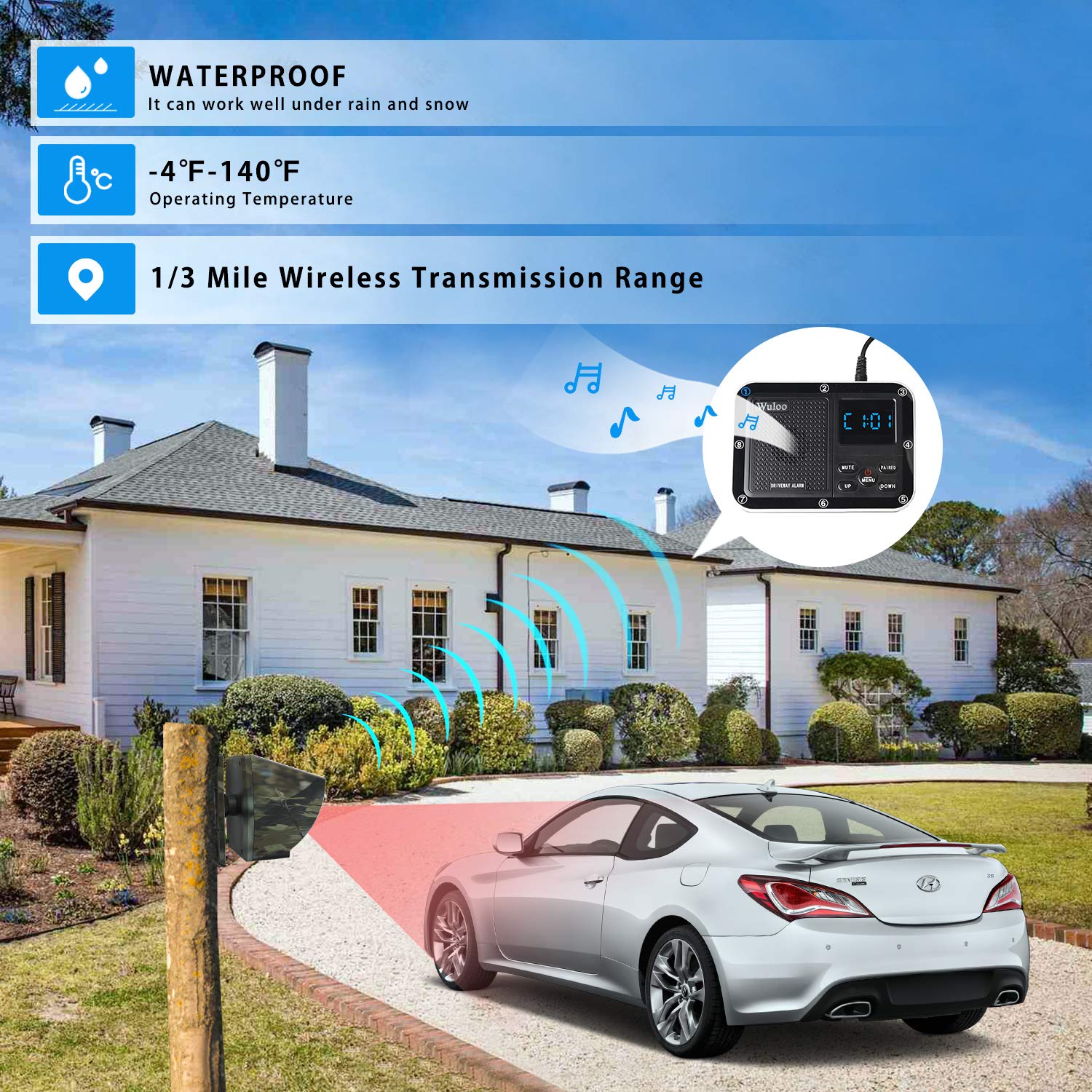 Alarma solar inalámbrica exterior de 1800 pies, sensor de movimiento al aire libre y sistema de alerta de entrada con batería recargable/resistente a la intemperie/modo de silencio (1 y 1 camuflaje)