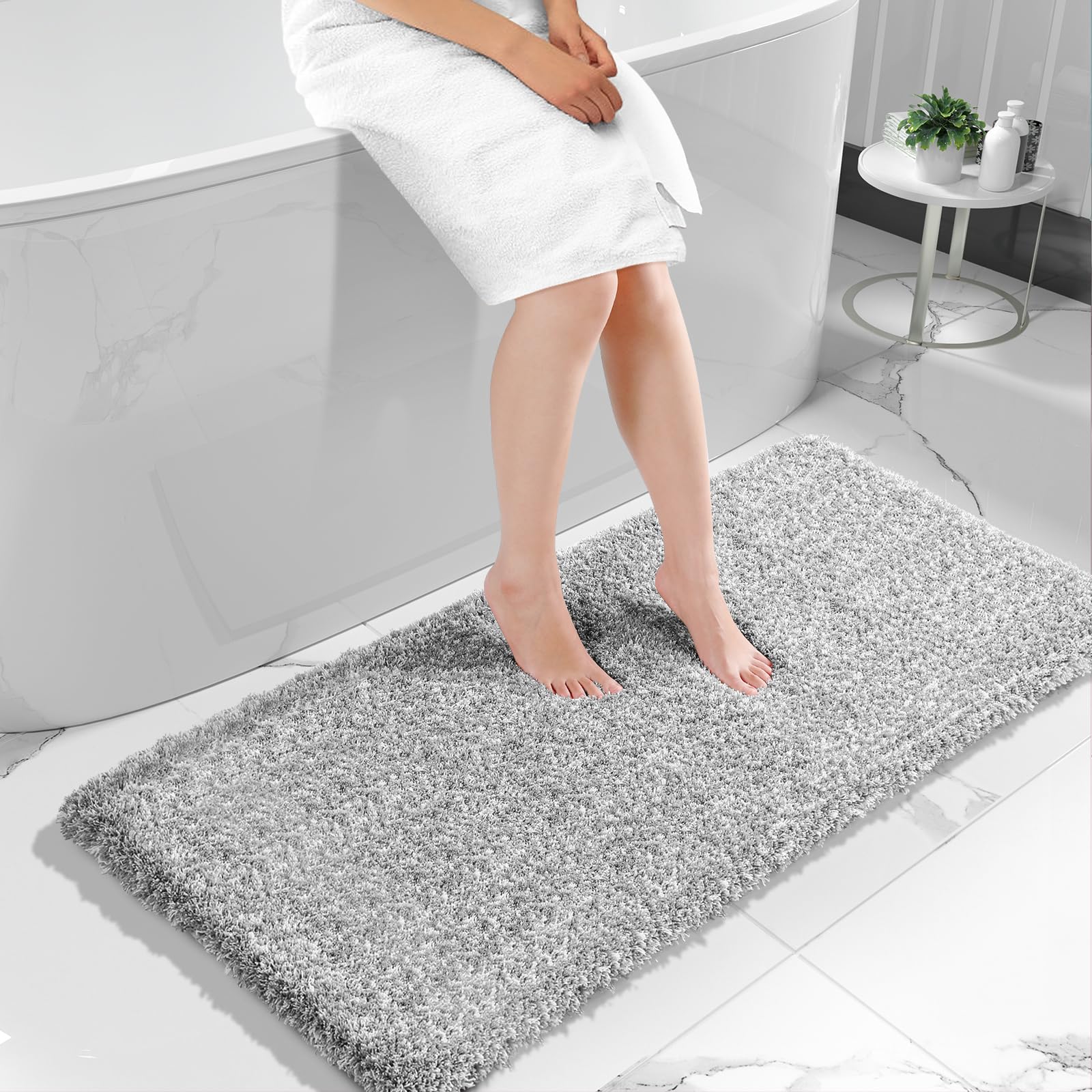 Yimobra Luxury Fluffy Bath Rugs, 60"x 24", Soft Plush Bath Mats for Bathroom Non Slip, Water Absorbent Bath Mat, Quick Dry, Machine Washable, Thick Bath Runner, Tub and Shower, Light Gray & White