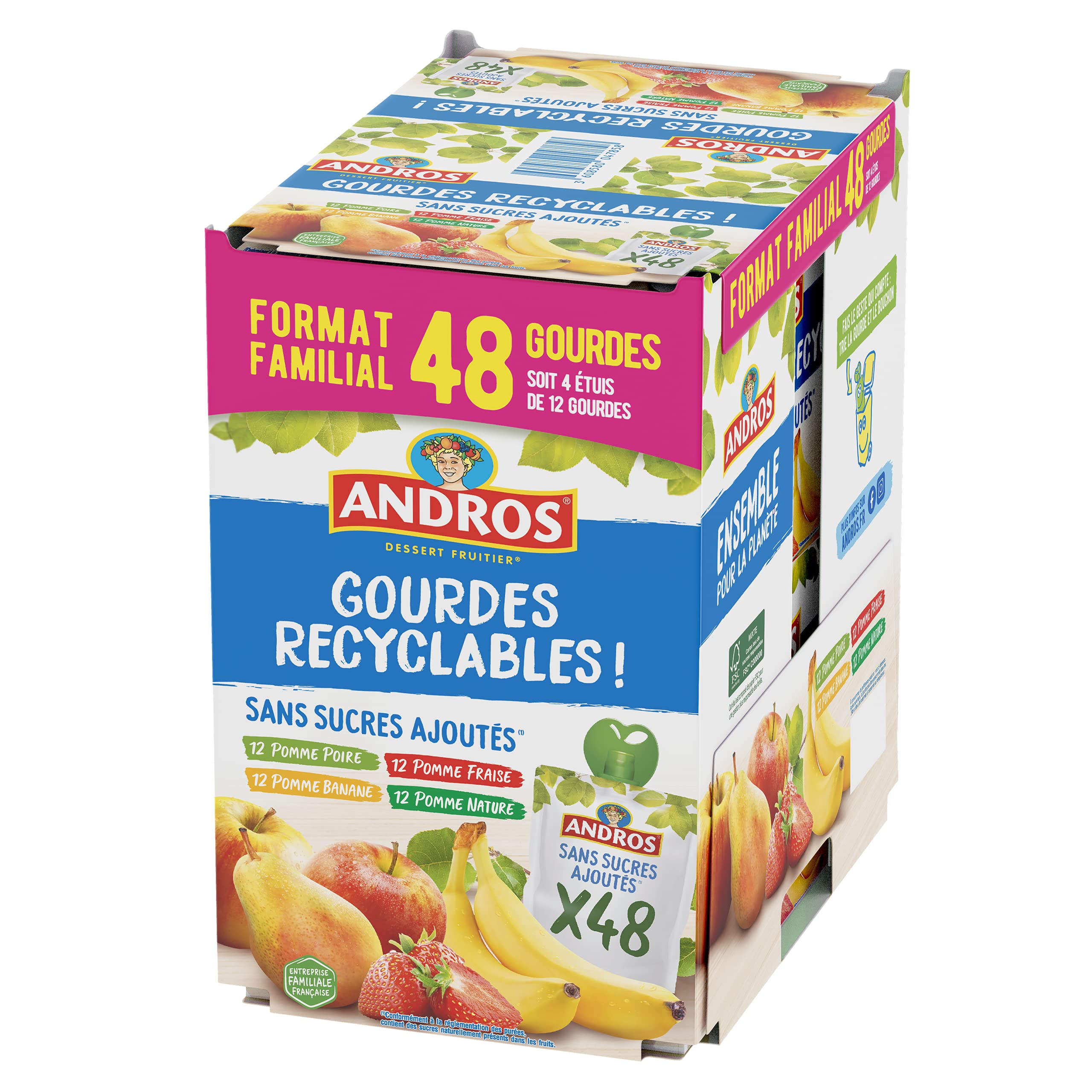ANDROS - Compote de Fruit - Gourde Recyclable - Sans Sucre Ajouté - Goût Pomme + Pomme/Poire + Pomme/Fraise + Pomme/Banane - Idéal pour le Goûter des Enfants - Lot de 48