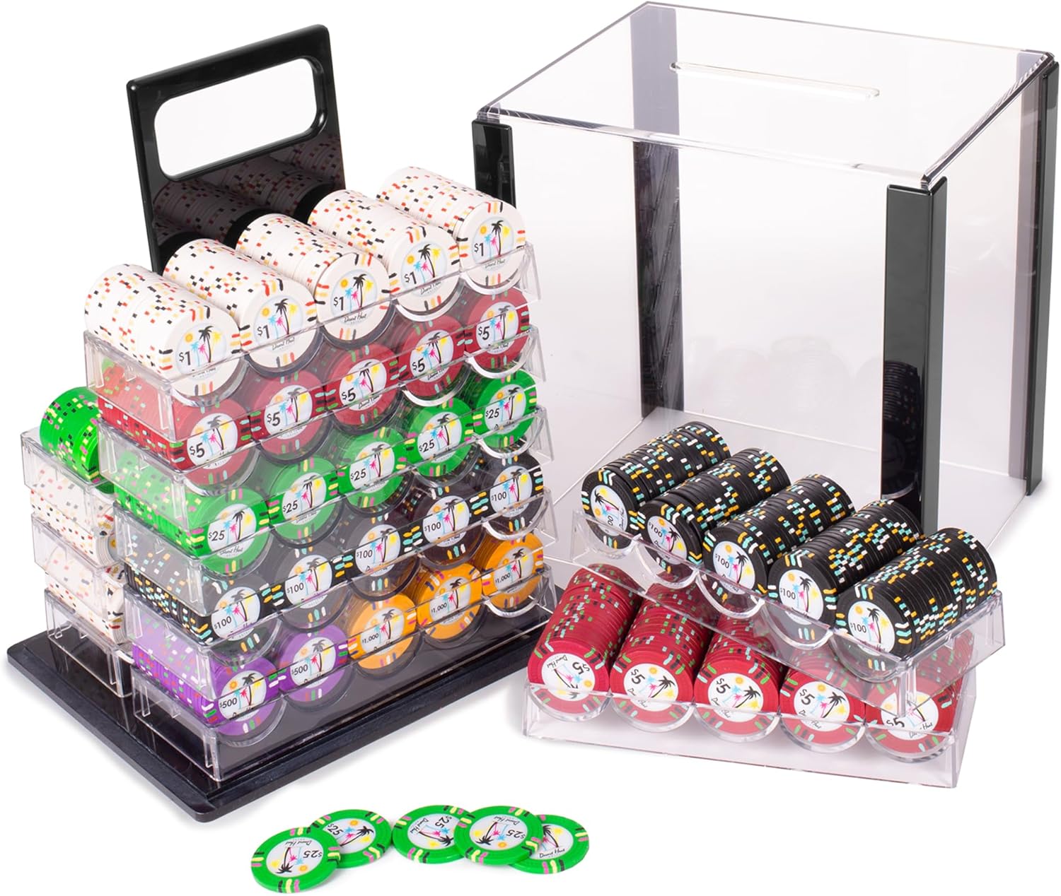 1000-piece Acrylic Desert Heat Poker Chip Case - 13.5-gram Heavy Clay Composite Set - Casino Chips for Texas Holdem, Blackjack - Betting Game Accessories