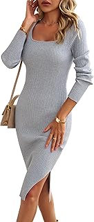 Women's 2025 Fall Long Sleeve Sweater Dress Square Neck Side Slit Bodycon Ribbed Knit Slim Fit Midi Dress - Buy now