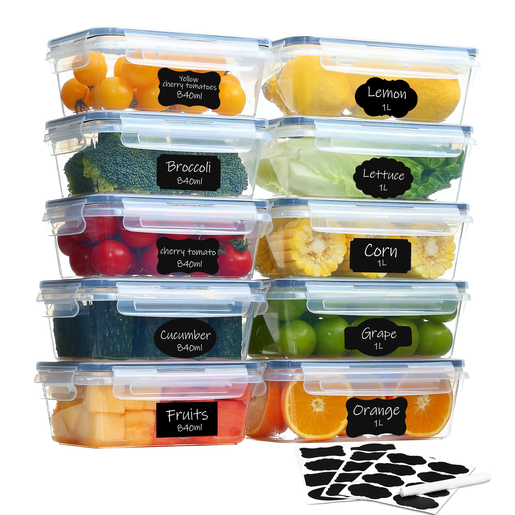 Goldeluxe 10 Food Storage Containers with Lids (5 x 1 L + 5 x 840 ml), Freezer Containers & Meal Prep Boxes, BPA-Free, Airtight, Stackable - Kitchen & Food Box