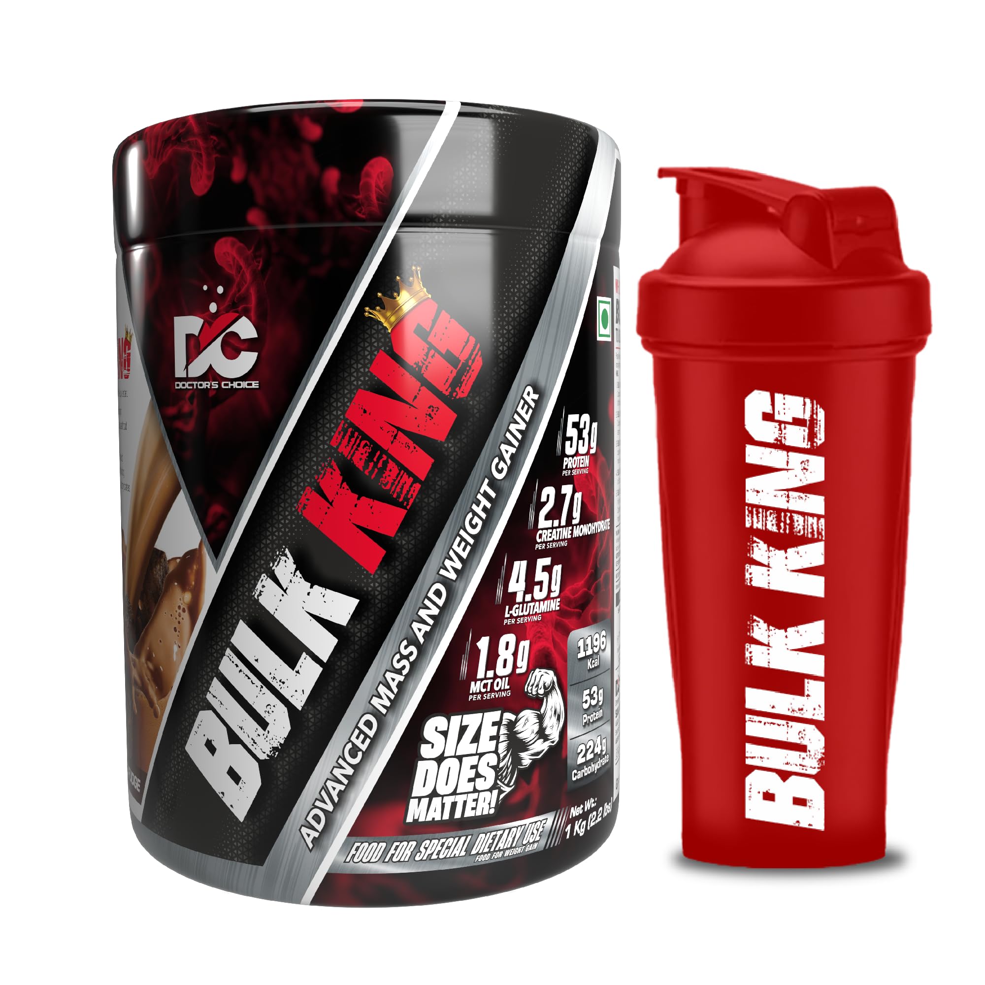 DC DOCTORS CHOICE Bulk King Advanced Mass Gainer and Weight Gainer for bulking (Choco Brownie Fudge, 1Kg, With Shaker)