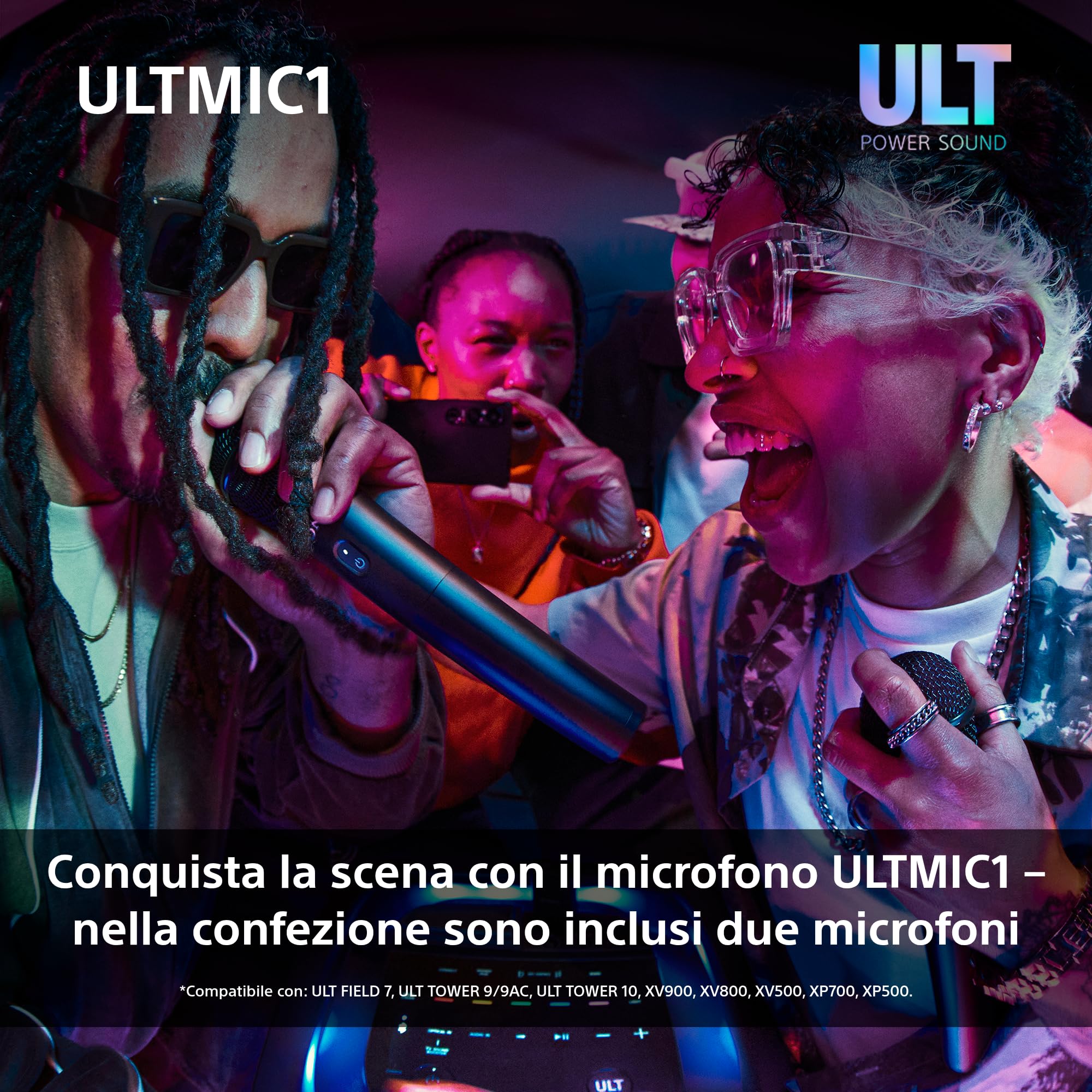 Sony ULTMIC1 - Set di microfoni wireless con 2 microfoni e ricevitore, riduzione avanzata del rumore, Duet Assist, batteria da 20 ore, antiurto, perfetto per la serie ULT POWER SOUND - Black