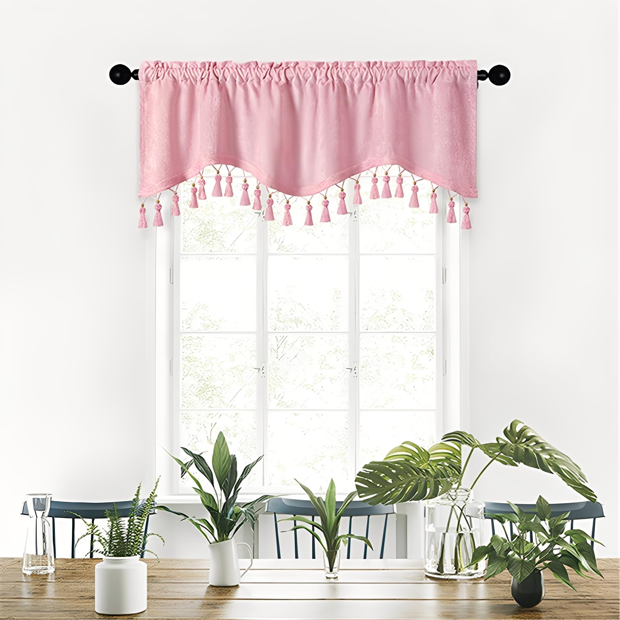 Treer Medieval Style Curtain Valance for Kitchen Window, Short Curtains with Rod Pocket & Tassels, Blackout Polyester Window Treatment for Cafe, Camper, Bathroom, Living Rooms (Pink,40x180cm)