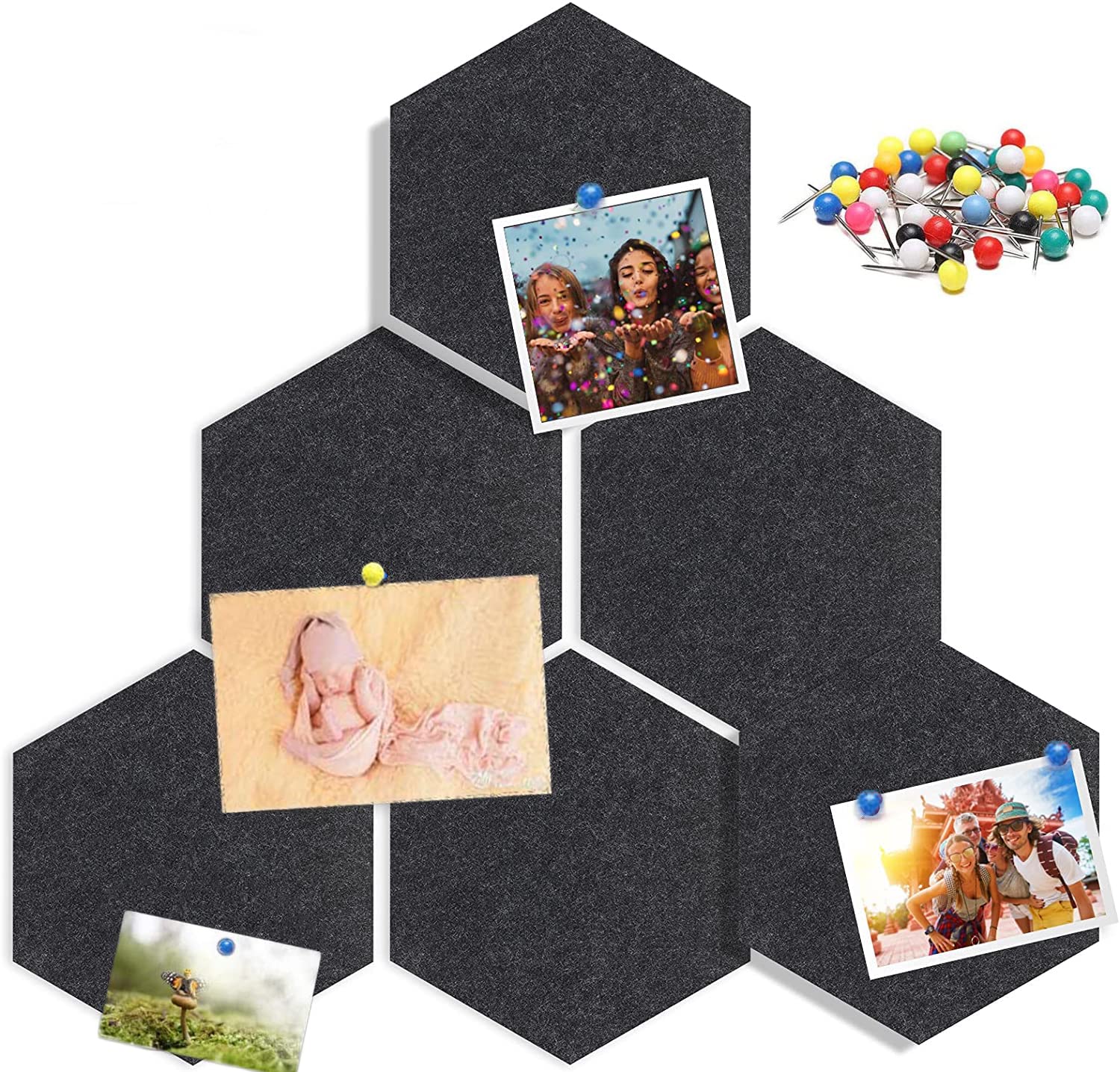 Tablones de anuncios de fieltro hexagonal, tablones de anuncios de fotos, tableros de notas autoadhesivos con pasadores para pared, oficina, aula, decoración del hogar, 6 piezas (negro)