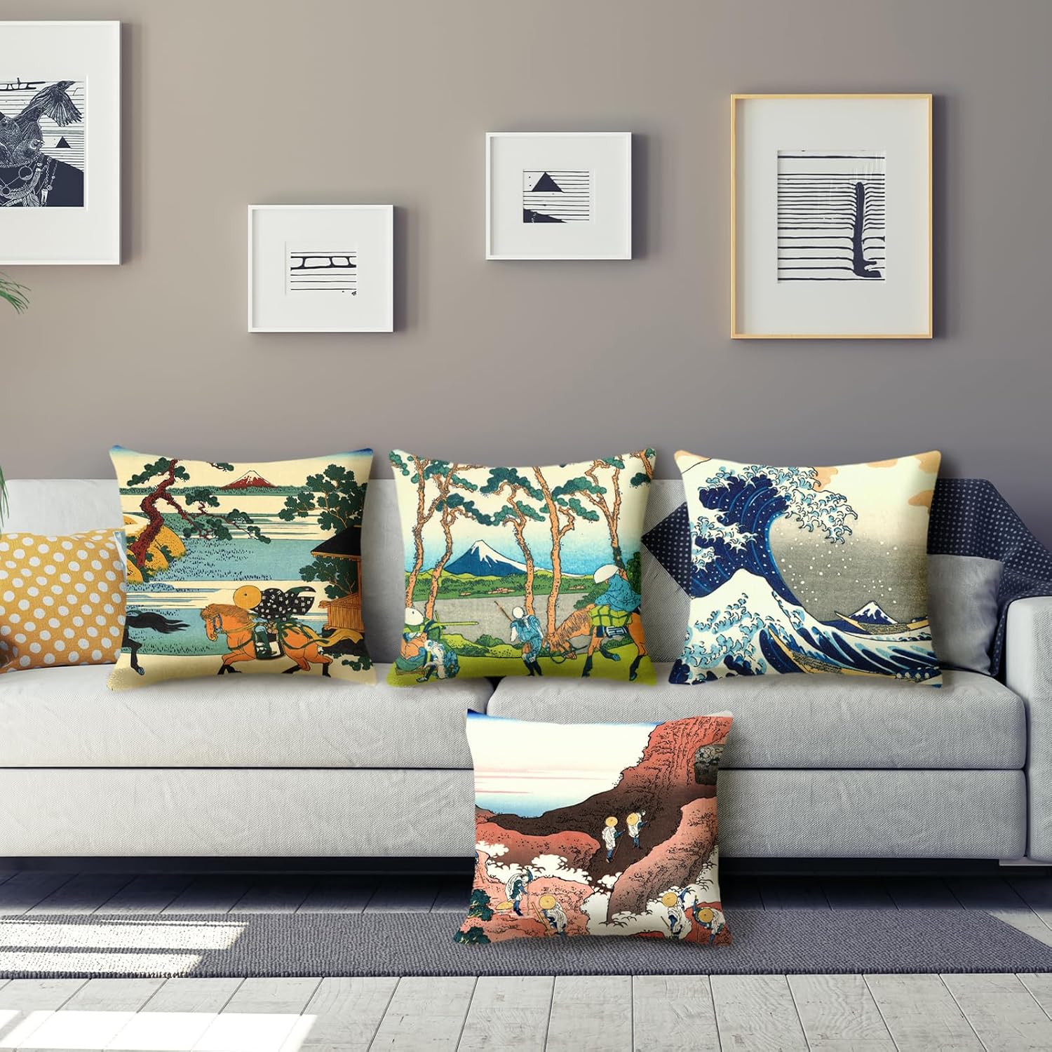 HOSTECCO Hokusai Painting Pillow Covers 18x18 inches Set of 4 Japanese Art Painting Pillow Cases The Great Wave Off Kanagawa Pattern By Hokusai Decorative Cushion Covers for Sofa Couch