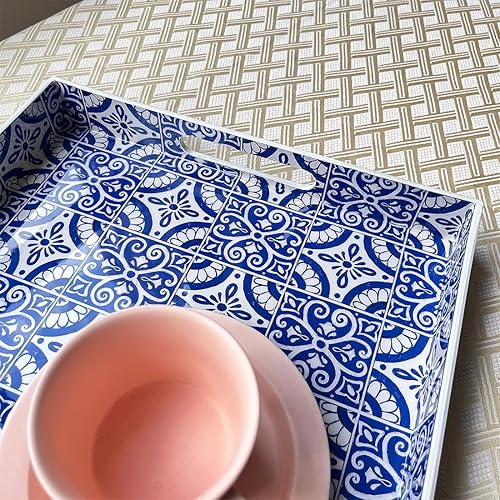 Miniatura 42 de Bandeja decorativa bohemia, moderna bandeja azul para servir con asas, juego de 2 bandejas otomanas, bandeja de plástico para mesa auxiliar