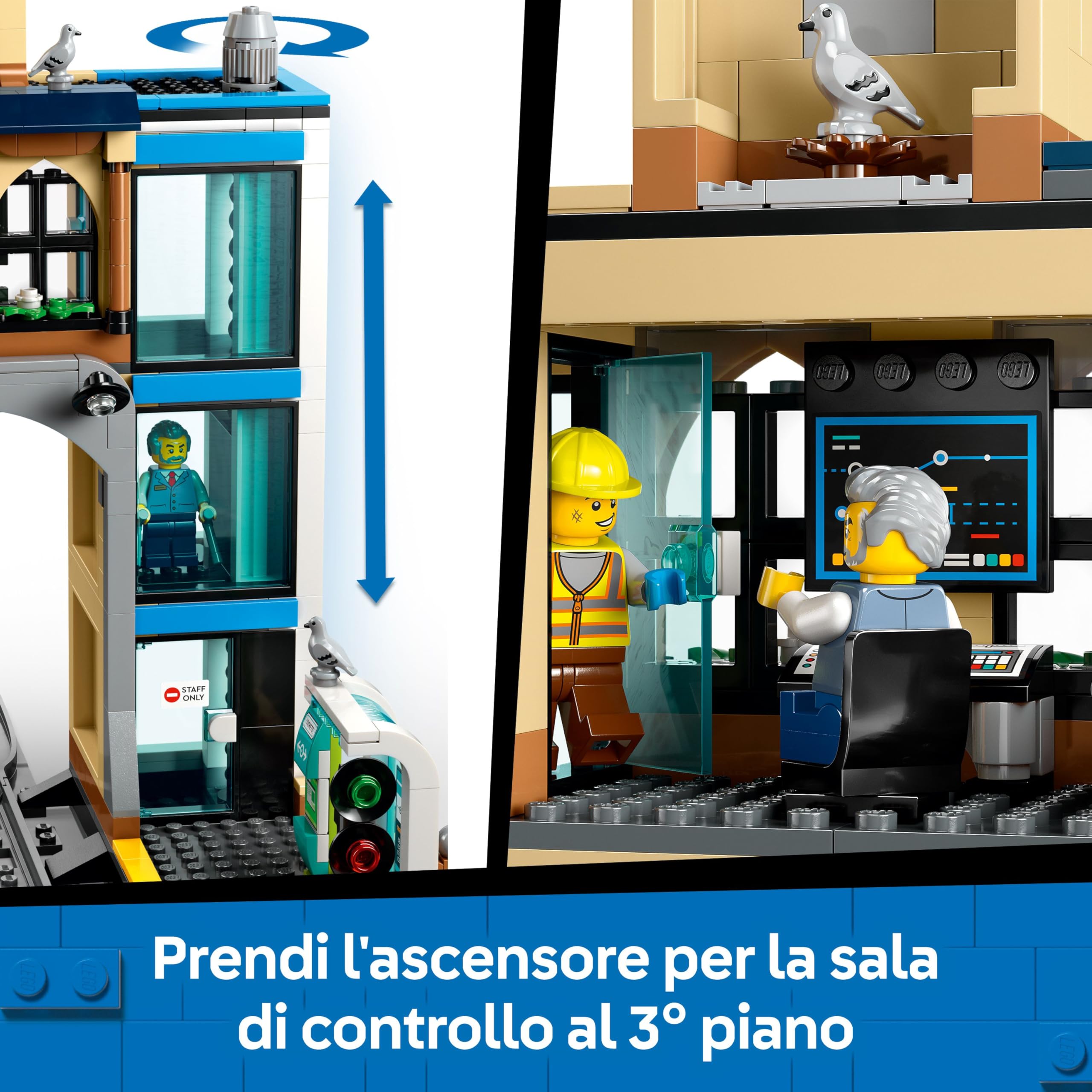 LEGO City Stazione Centrale - con Veicolo Giocattolo di Manutenzione, Ascensore Funzionante, Biglietteria, 2 Piattaforme, un Pezzo di Binario e 6 Minifigure - Regalo Bambini e Bambine da 7 Anni 60469