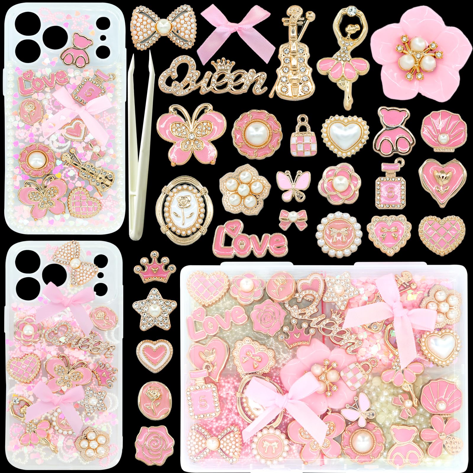 RIHYTFU Junk Case Charms Kit, Pink Junk Phone Case Charms for Customizing DIY Cases, Gold Charm for Making Phone Cases with Flatback Pearls Bulk Butterfly Bow, DIY Craft Accessories - 1