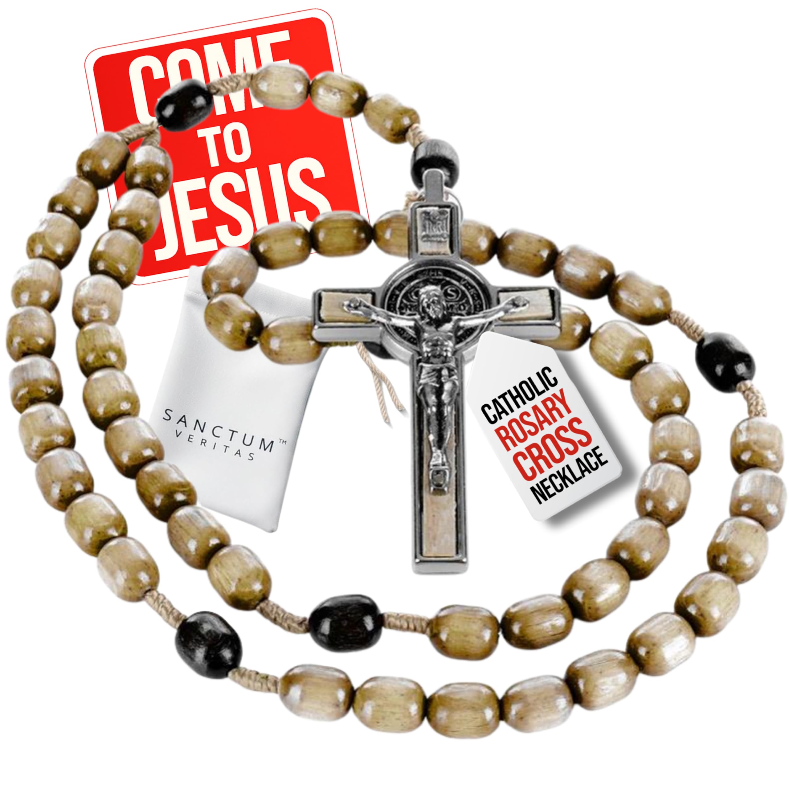 Genuine Made in Italy Rosary Necklace Blessed by Pope Francis Saint Benedict Medal Cross perfect for car mirror Rosarios catolicos para hombre Patron of Students Christian Values (Light Brown)