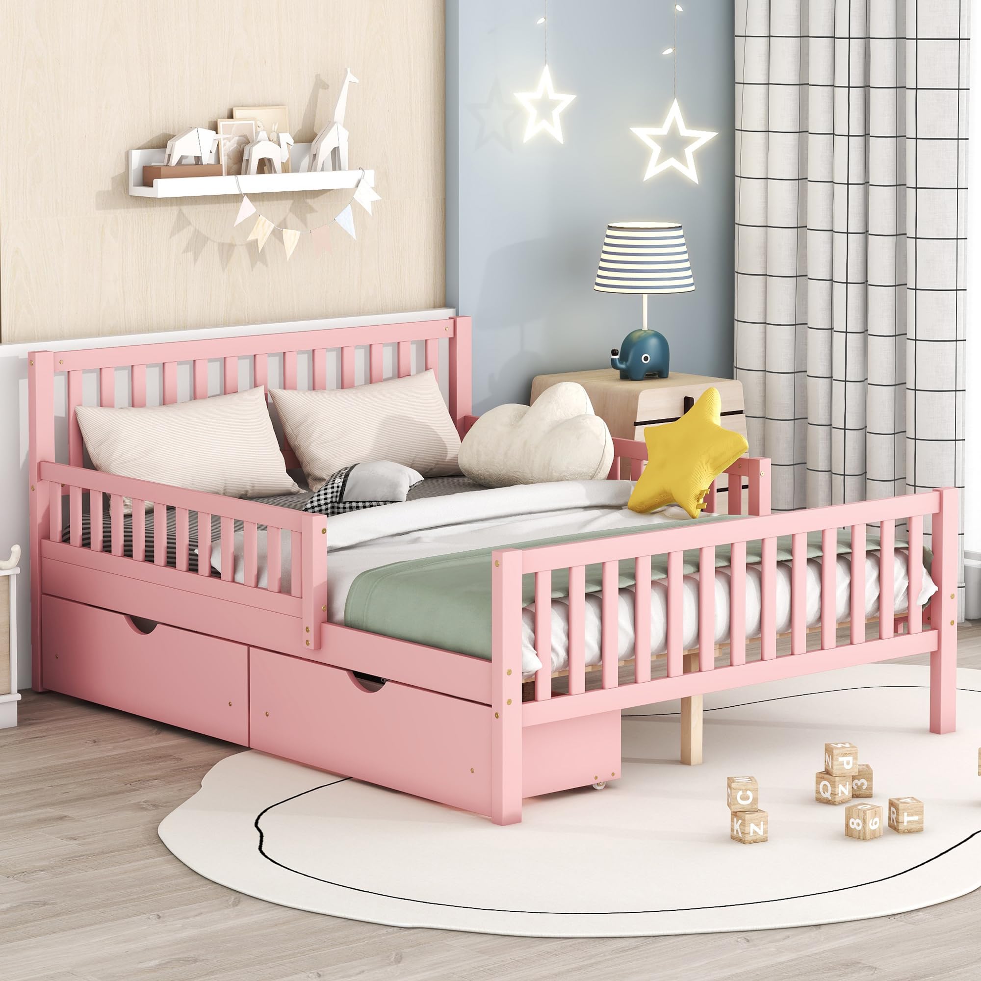 YOUJUNER Full Size Wood Platform Bed with Guardrails on Both Sides, Platform Bed with Two Storage Drawers for Girls Boys
