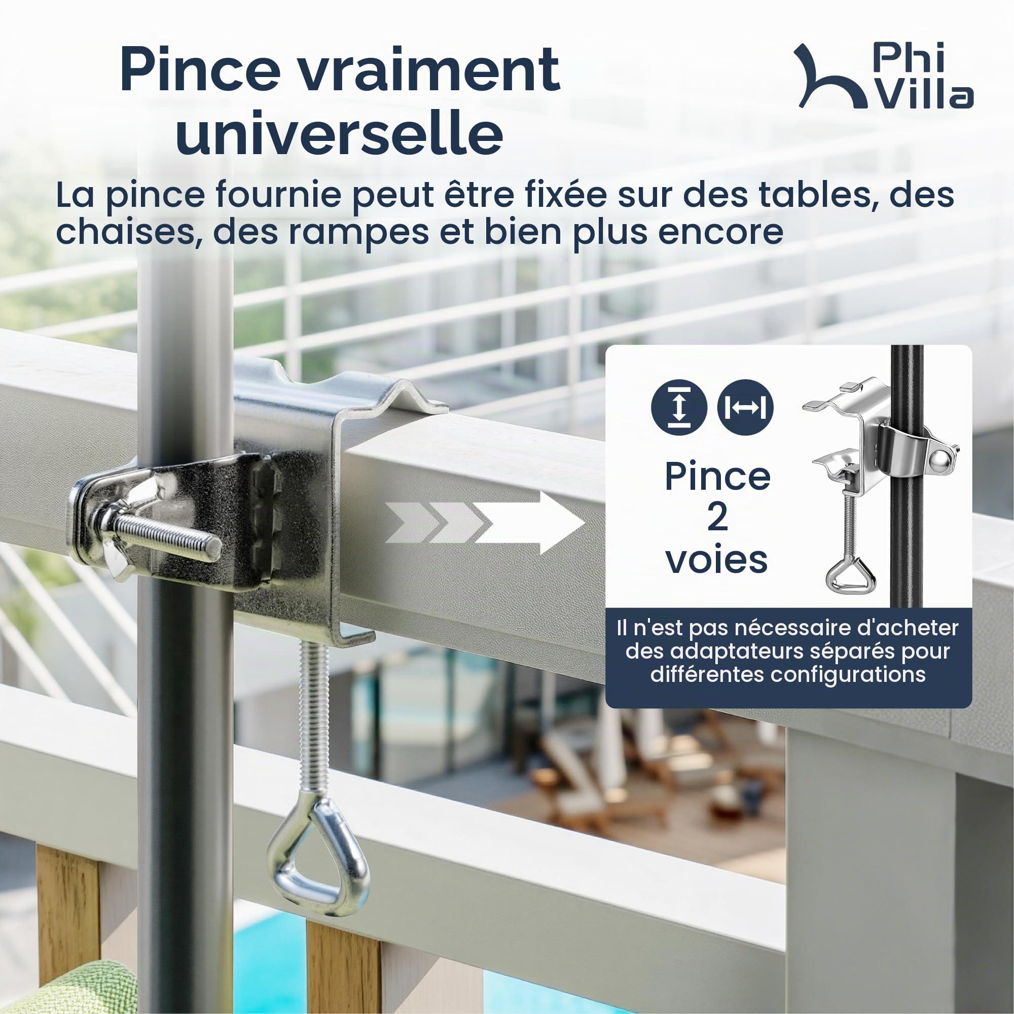 PHI VILLA 250 x 130 cm Demi-parasol réglable en hauteur avec pince, résistant au vent, stable, à emporter, protection UV50+, pour jardin, terrasse, balcon, balustrade, table