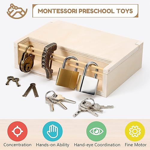 Miniatura 6 de Woodtoe Juego de 8 piezas de juguetes Montessori con candado y llave para niños pequeños materiales Montessori de madera llaves preescolares y