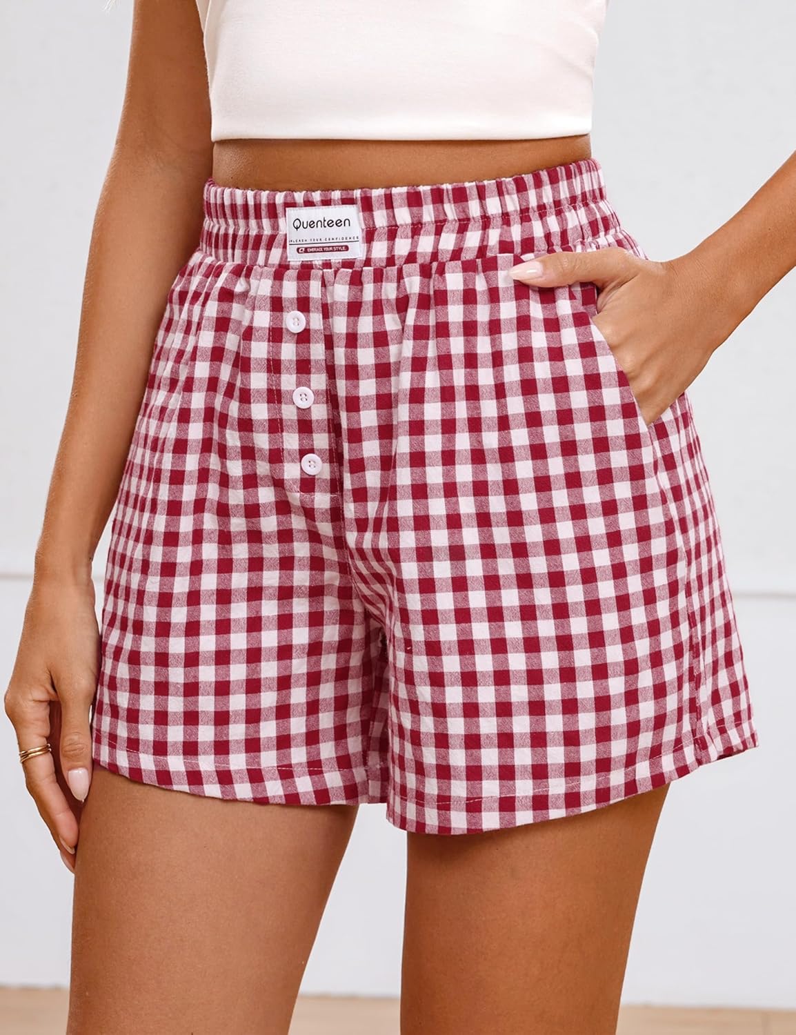 Quenteen Women's Boxer Shorts Summer Gingham Striped Drawstring Plaid Lounge Shorts Y2K Beach Bottoms - Image 4