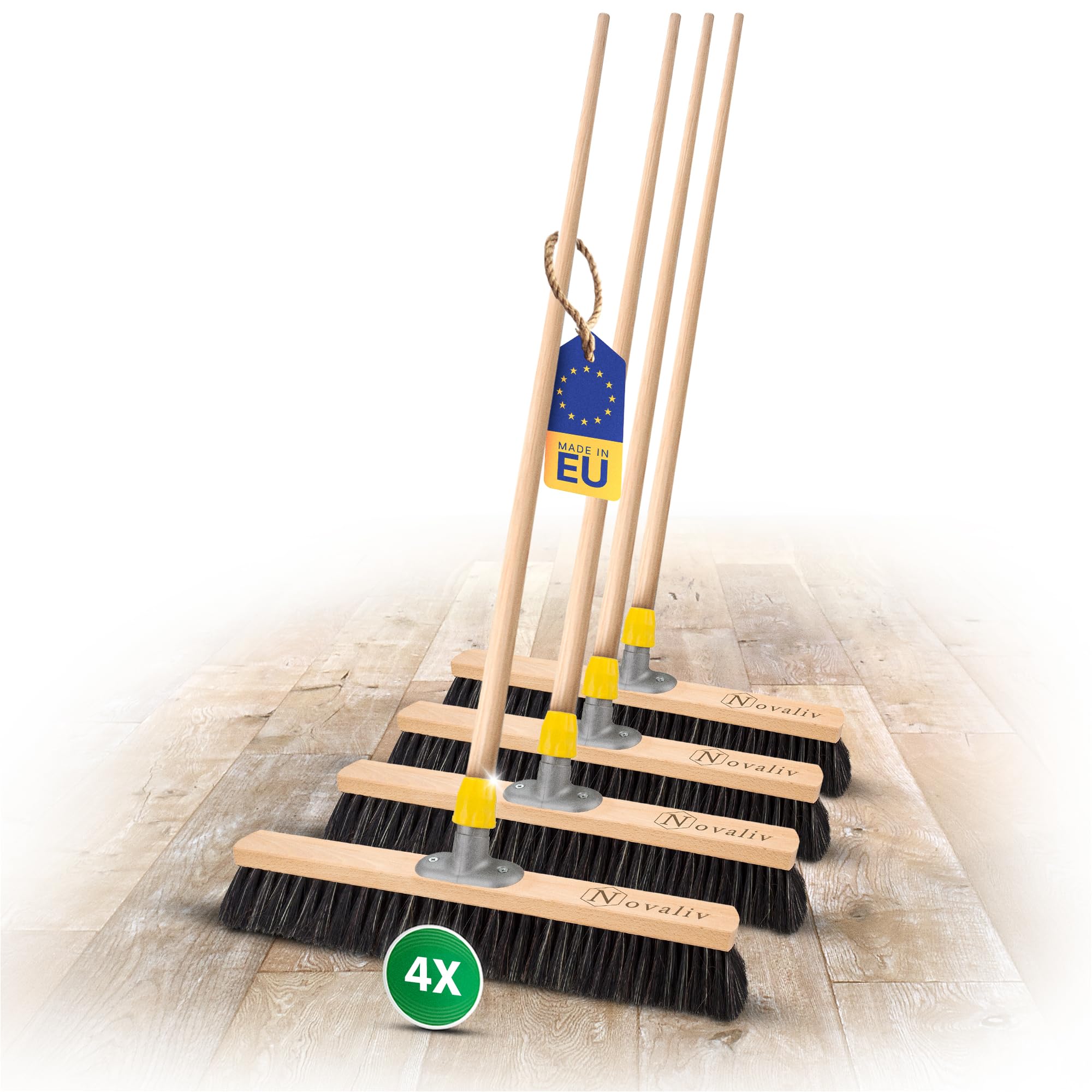 Novaliv 4X Besen weiche Borsten 50 cm I Besen mit Holzstiel I Rosshaar Mischung schwarz I Kehrbesen Hofbesen