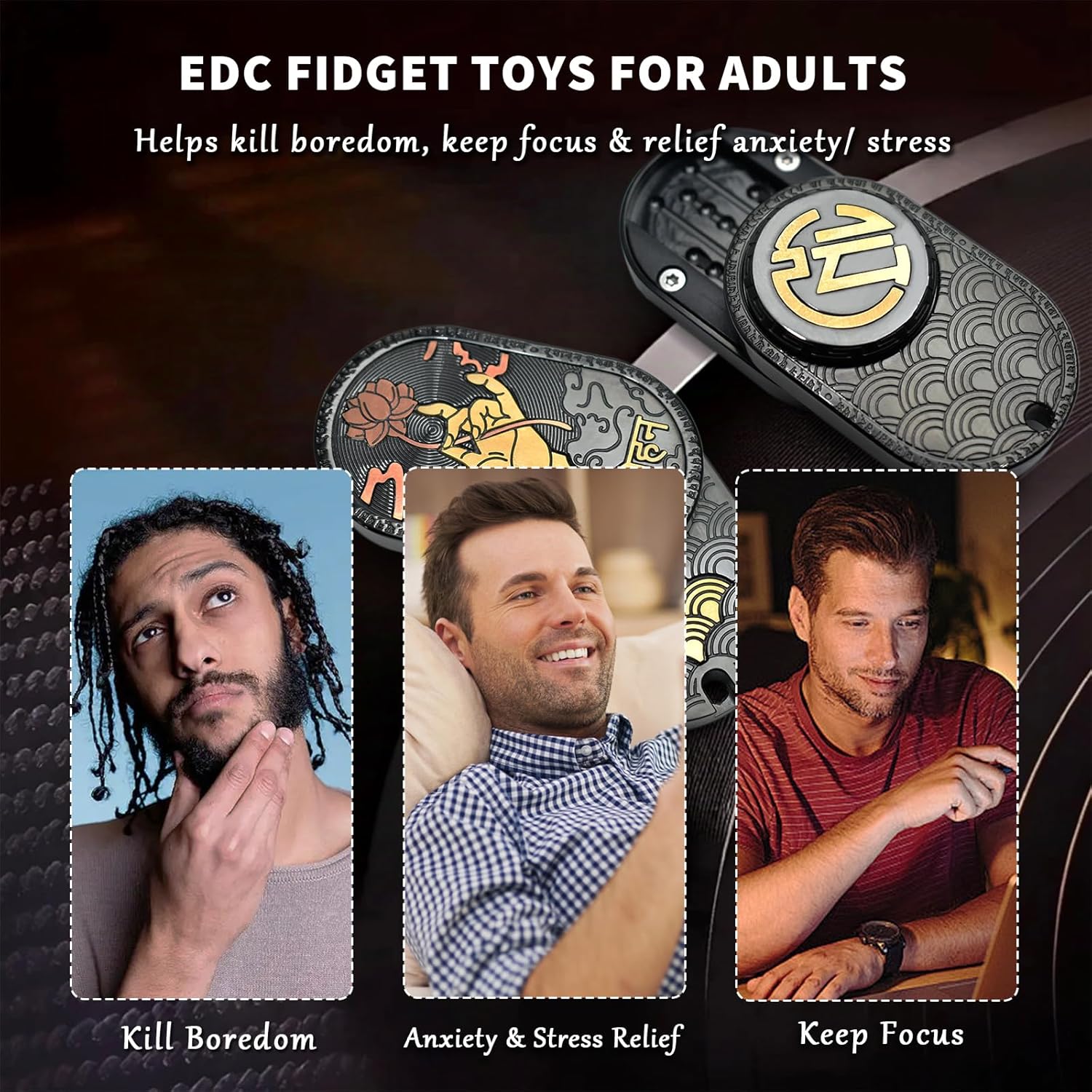 Buddha Hand Fidget Slider, Stainless Steel Zen Fidget Toys Adults with Coin Spinner, Home & Office Executive Desk Toy for Keep Focus & Anxiety/Stress Relief (Black)