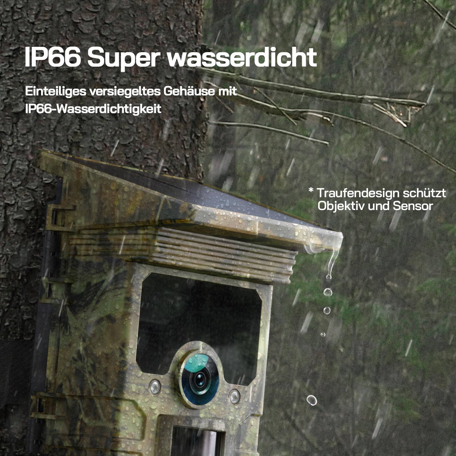 WOLFANG Solar Wildkamera mit Handyübertragung, 4K 30fps 68MP,120 ° Weitwinkel WLAN Bluetooth Wildtierkamera, Bewegungsmelder Nachtsicht, IP66, 0.1s Auslösezeit für Wildlife Monitoring