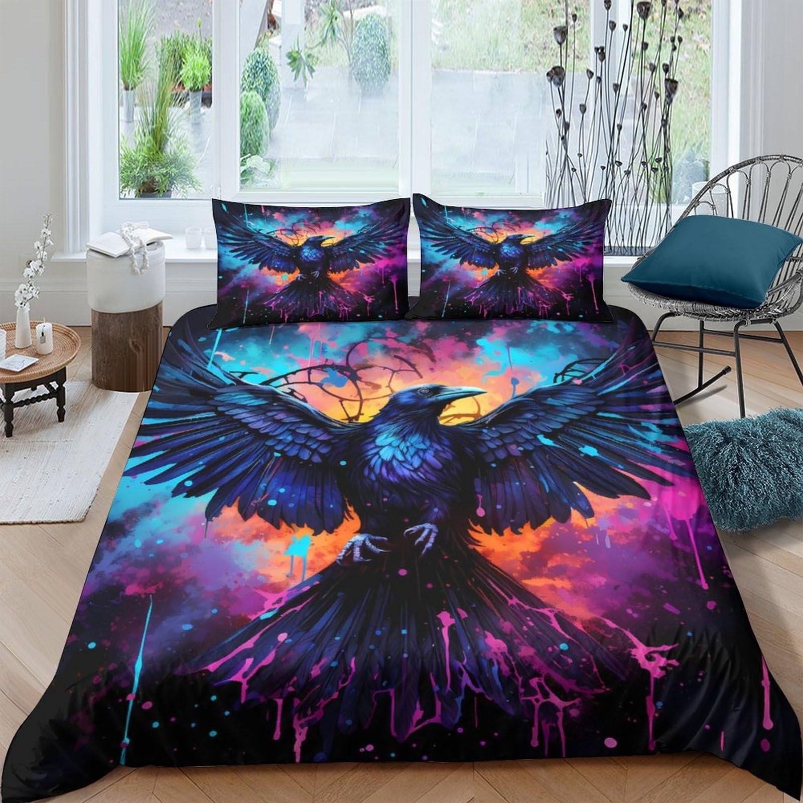 GPLZQXKJNH 3D Printed Dark Raven Duvet Cover Microfiber Soft Vibrant Abstract Bedding Set with 2 Pillowcases for Bedroom Decor Single（135x200cm）