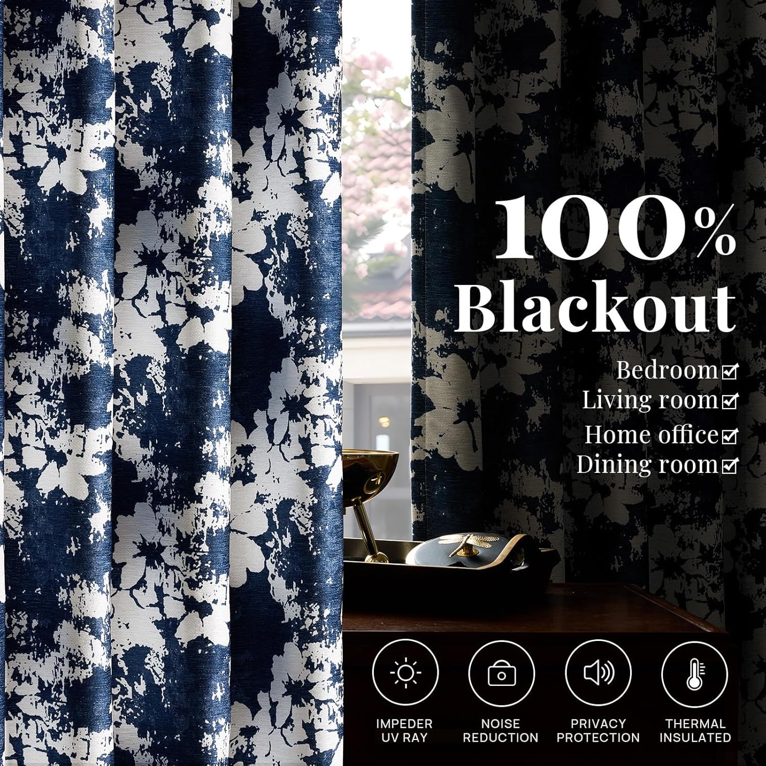 GIGIZAZA Floral Navy Short Curtains 63 Inch, 2 Panels Set Blackout Thick Vintage Flower Chenille Texture Window Treatments Drapes Room Darkening Thermal Insulated Boho Curtain Bedroom Drapes, Blue