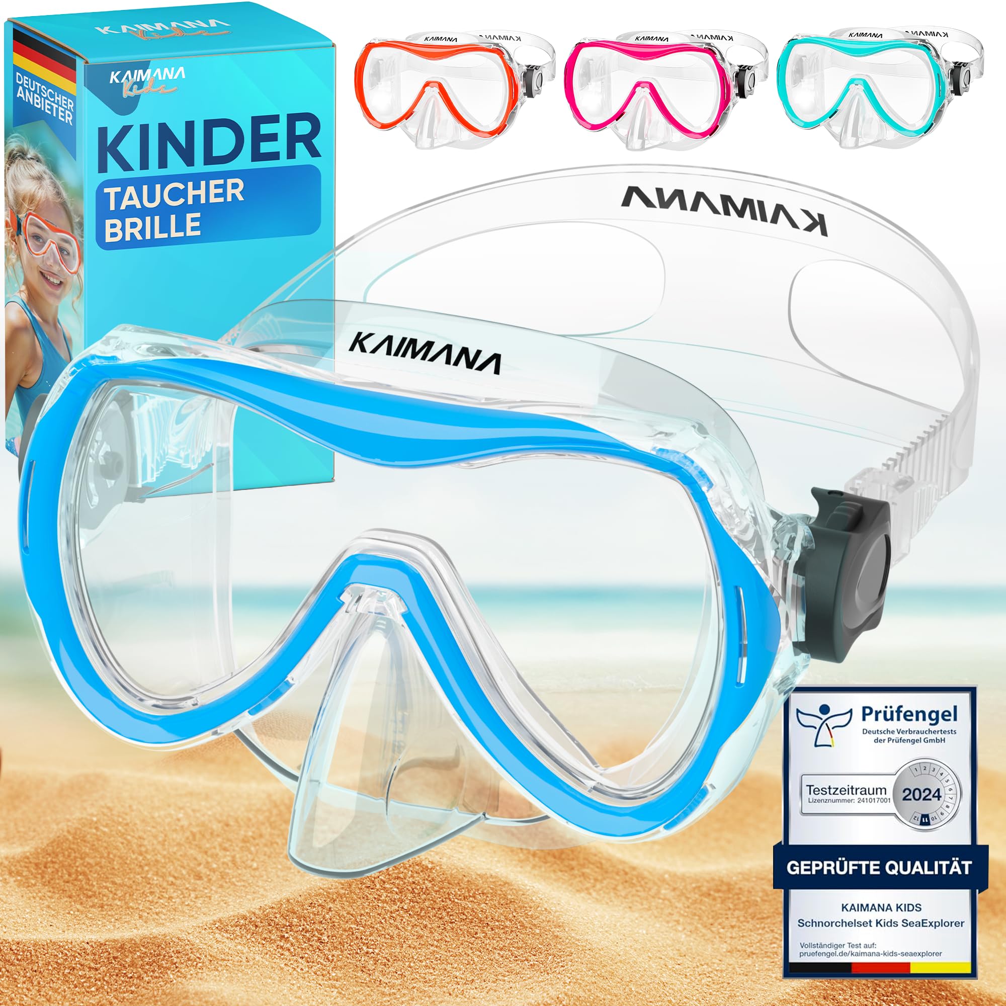 Kaimana® Taucherbrille Kinder inkl. gratis Tragetasche | ab 3 Jahre | extra Bequeme Taucherbrille mit Stoff- / Silikonband | Kinder Schwimmbrille mit Nasenschutz