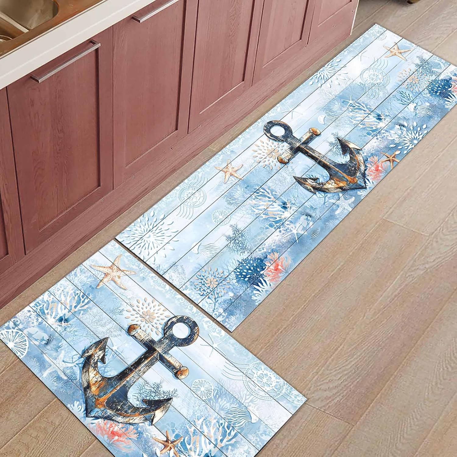 2 Pieces Kitchen Rugs and Mats,Nautical Shabby Anchor Starfish Coral Area Runner Rug Set Non Slip Floor Doormat Washable Carpet Standing Mat for Kitchen Sink Indoor Corridor,Ocean Blue Wooden Stamp