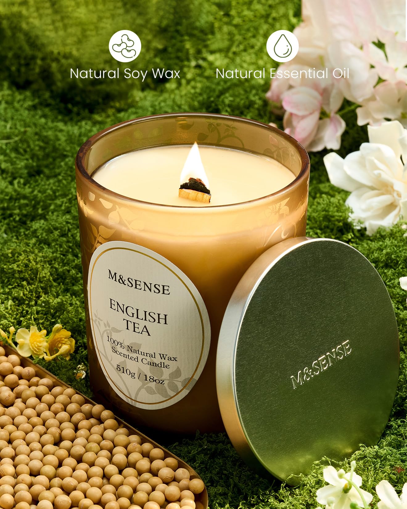 M&SENSE 510g Scented Candle, Lemon English Tea Scent, Wooden Wick Candle, Crackling Candles, 100h Long Burning Large Candles - Image 4