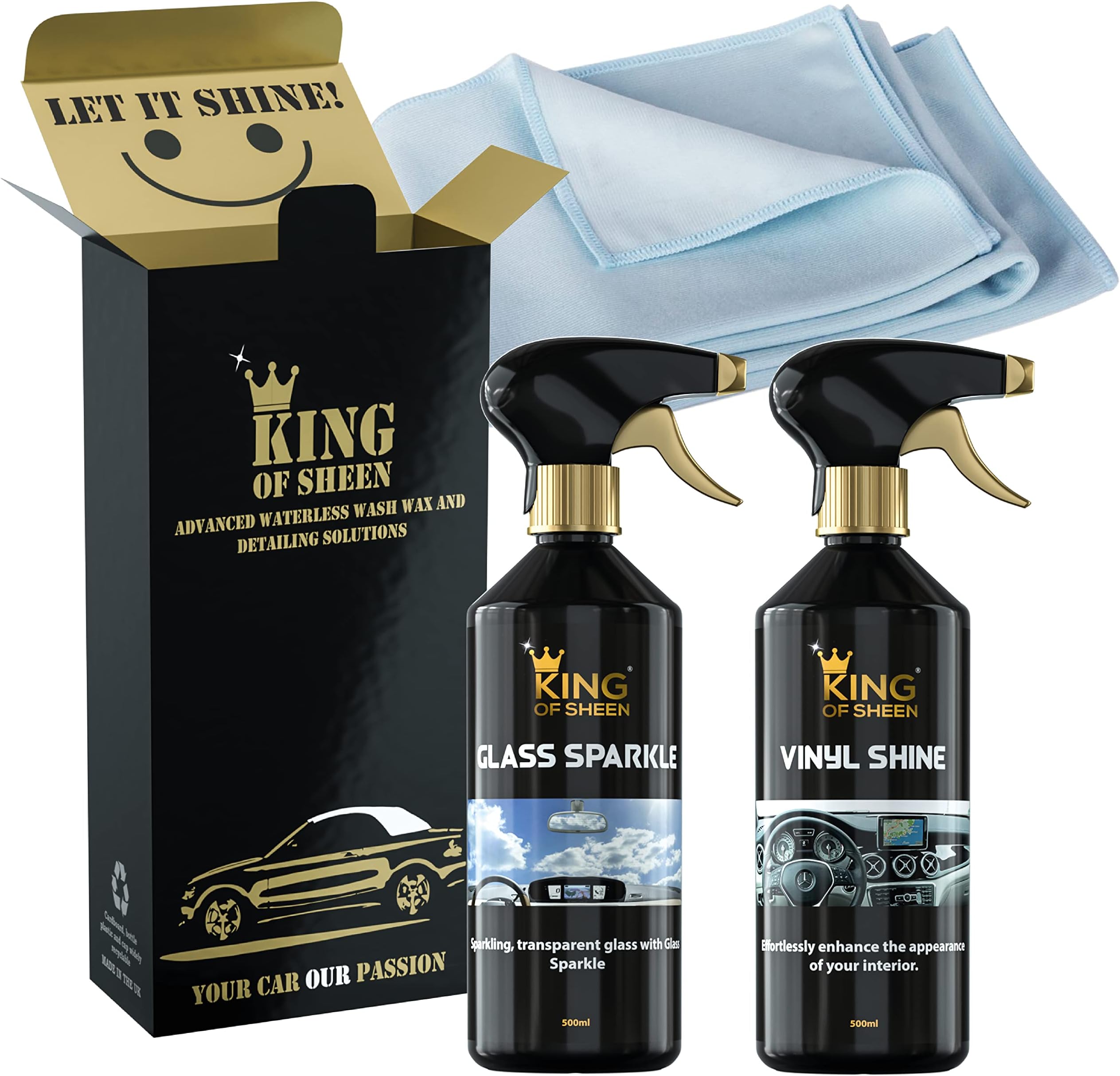 King of SheenInterior Car Cleaning Kit - Vinyl Shine 500ml and Glass Sparkle 500ml + Professional Glass Microfibre Cloth