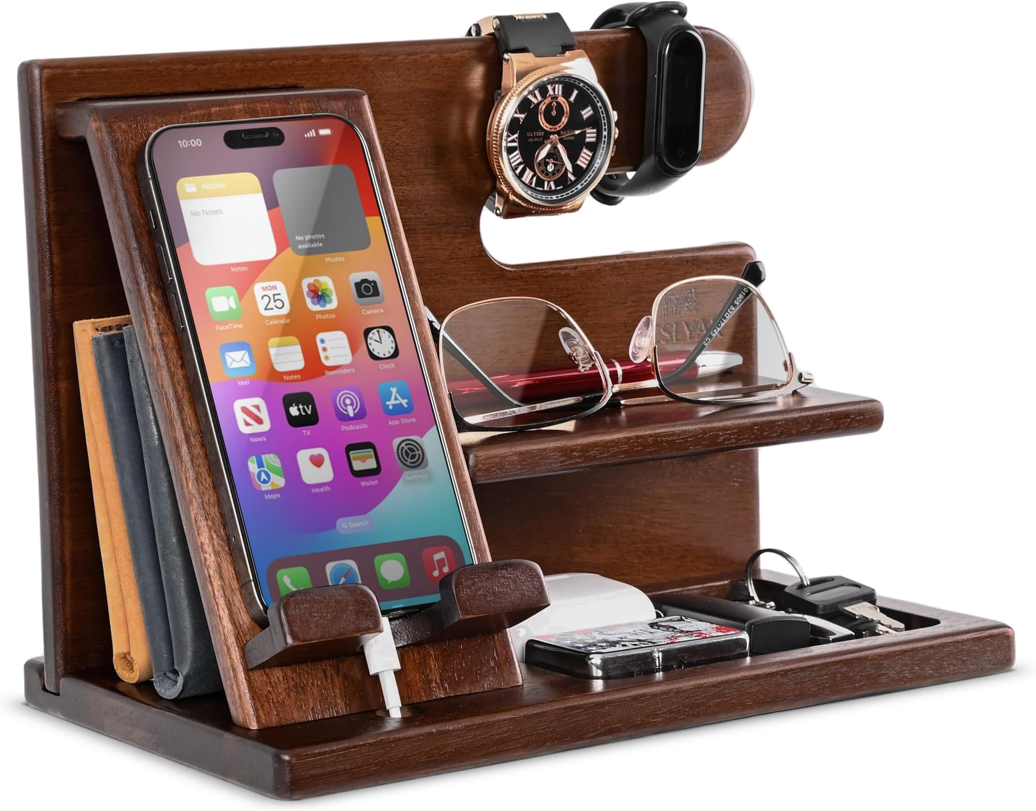 Teslyar Dad Gifts Wood Phone Docking Station – Nightstand Organiser with Key Holder, Wallet & Watch Stand, Wooden Desk Organizer Phone Dock, Birthday Anniversary Husband Men Gifts (Brown)