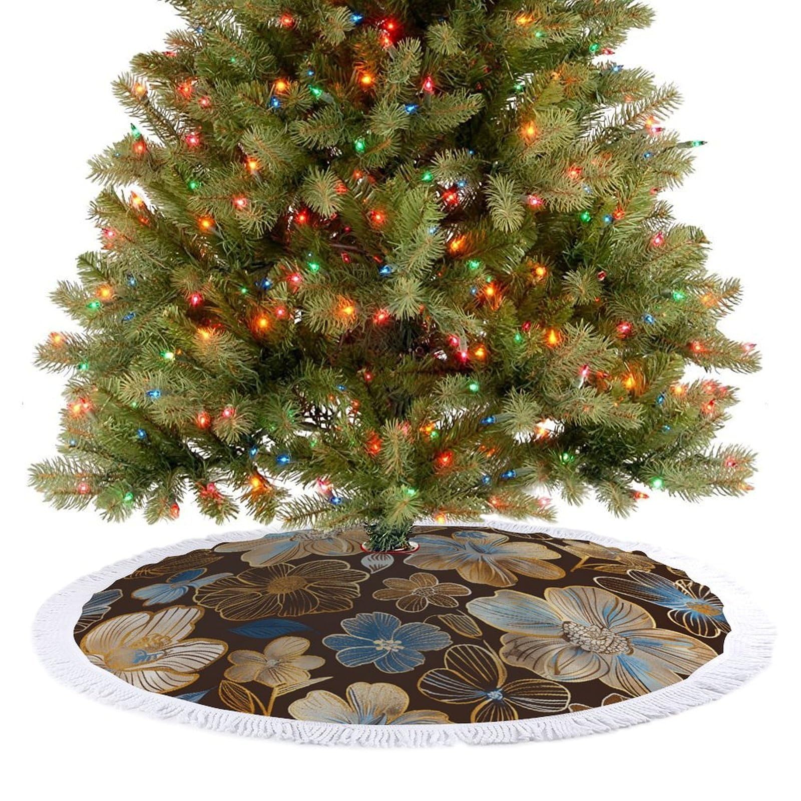 Hand Drawn Flowers Christmas Tree Skirt 30"x30" Rustic Xmas Tree Mat with Tassel Ornament Christmas Trees Cover Skirt Mat for Evergreen Trees Ornament Winter Holiday Mats Decorations