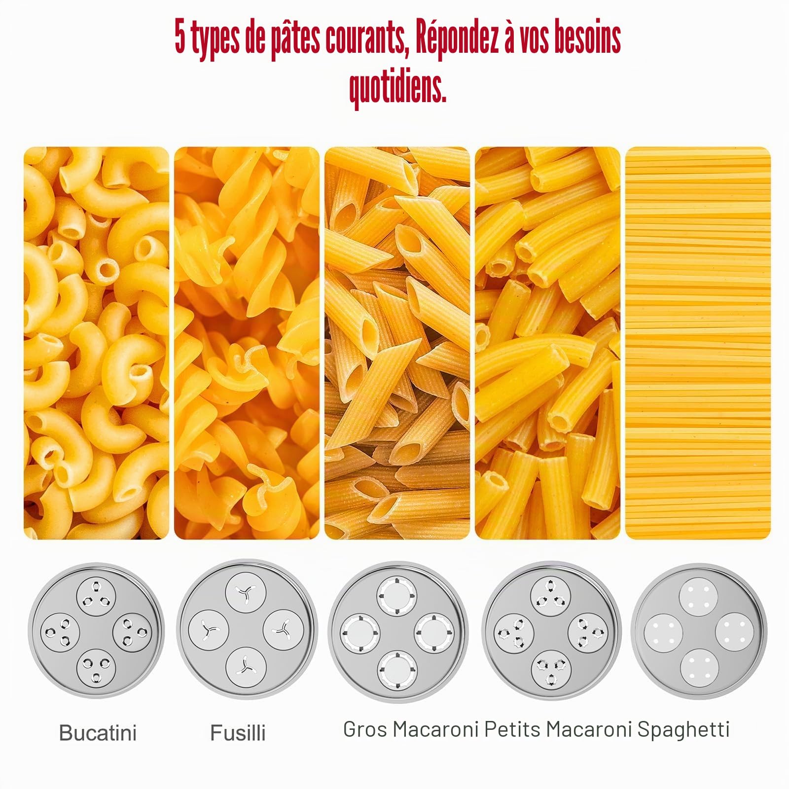 Eascandy Presse à pâtes gourmet en métal pour batteur KitchenAid - Accessoire durable en métal avec 5 plaques interchangeables pour pâtes fraîches maison