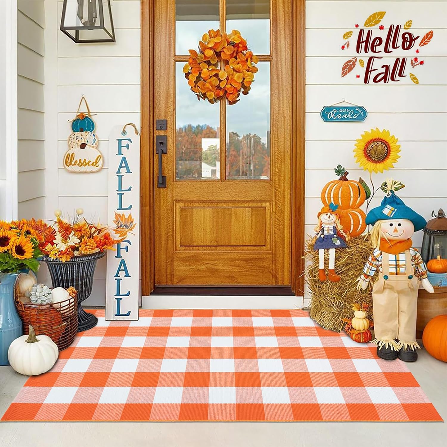 Fall Orange and White Plaid Rugs, 3'x5' Area Rug Outdoor Indoor Front Porch Doormat Cotton Hand-Woven Layered Door Mats for Entryway Patio Laundry Bedroom Living Room