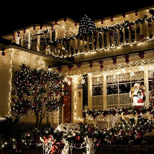 Vista 112 de TW SHINE Luces de Navidad, 200 luces LED de 66 pies para exteriores enchufables con 8 modos, luz impermeable para exteriores, decoraciones de Blanco