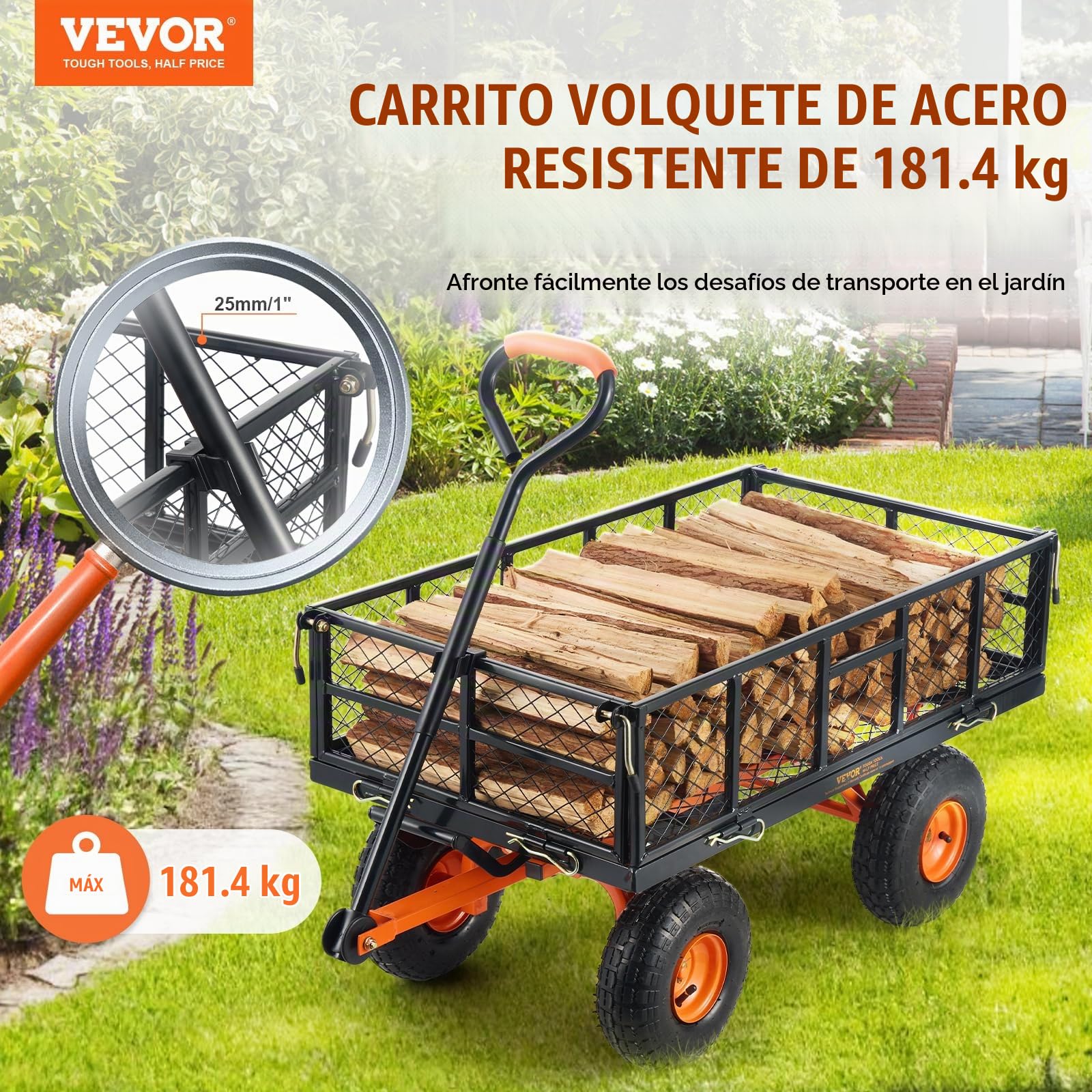 VEVOR Carro Volquete de Metal para Jardín con Marco de Acero Fácil de Montar, 2 en 1 Carro Volquete con Mango Convertible con Neumáticos de 255 mm, 181 kg de Gran Capacidad para Jardín, Patio