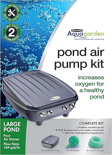 Aquagarden, Kit de bomba de aire para estanques, bomba de aire a prueba de clima al aire libre, oxigenador de estanque de cuatro salidas, Inc 4