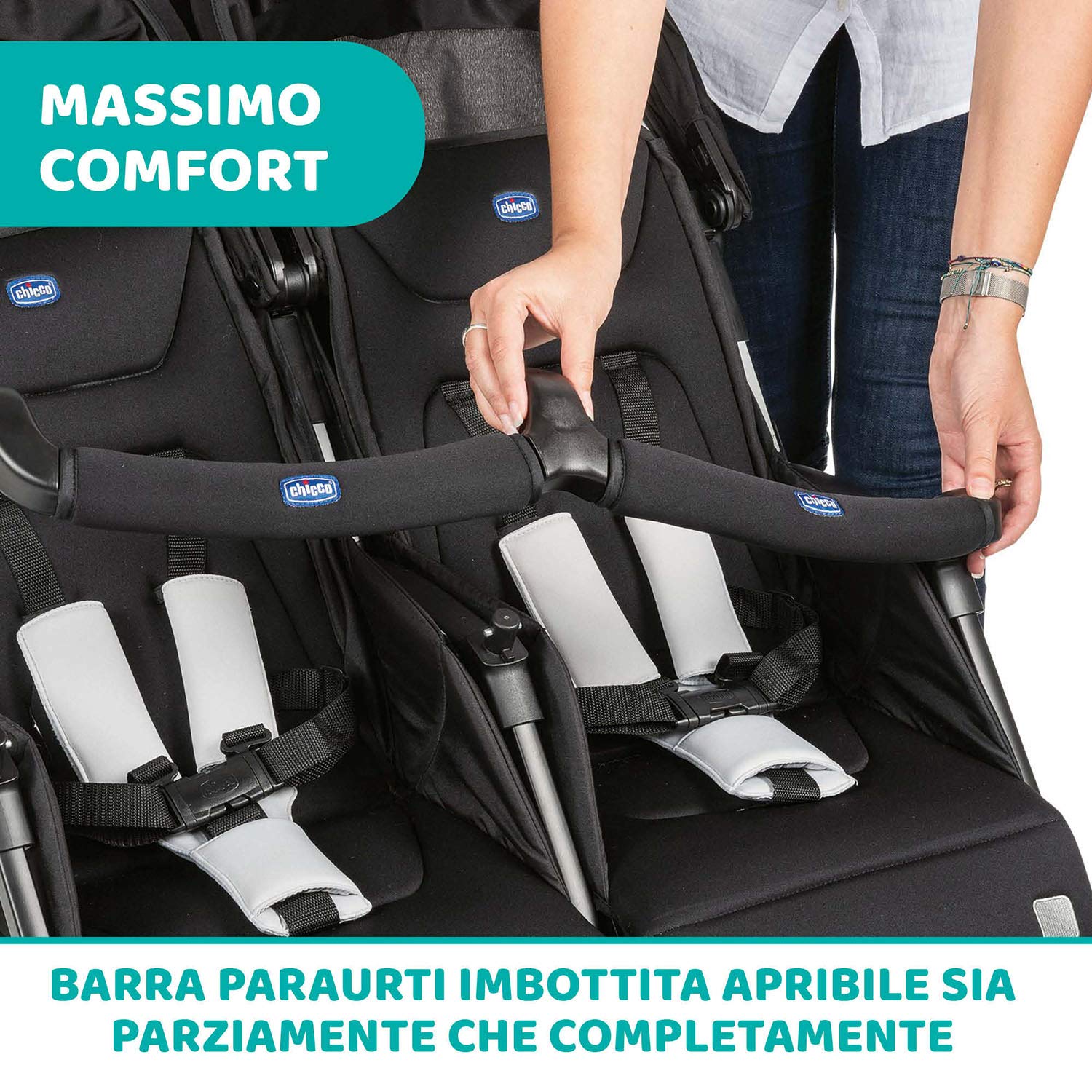 Chicco OHlalà Twin Passeggino Gemellare Doppio Leggero Reclinabile Pieghevole Chiusura Compatta Nero